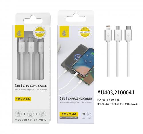 image Cable Triple MicroUSB + iPhone 12/13/14 + TypeC, 1 Mètre Blanc AU403 Compatible Nint