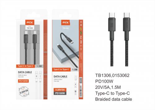 image Câble Type-C vers Type-C- tressé- 1,5m 5A Power Delivery 100W-TB1306-noir