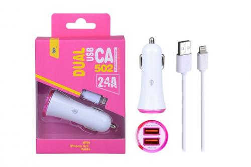 image Chargeur Allume Cigare 2 ports 1A/2,4A  + 1 câble iPhone 5/6 Rose CA502 