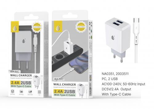 image Embout secteur avec câble Type C, 2 USB , 2.4A - NA0351 - Blanc