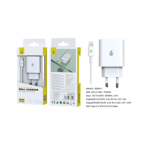 image Embout Secteur avec câble Type C vers Lightning (X à 14)- 1 port USB (18W)- 1 port 