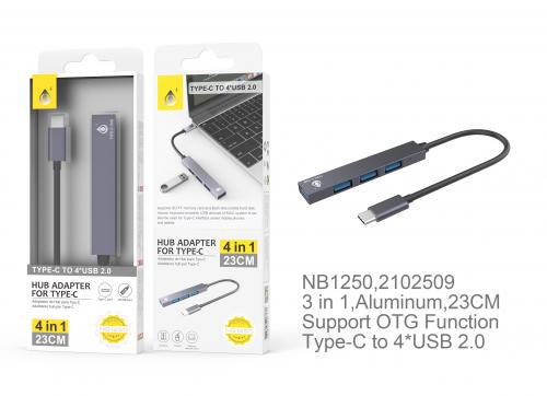 image Adaptateur Hub Type C Support OTG 3en1-4 USB 2.0 -Aluminium--23 cm - Argent