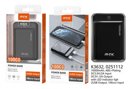 image Power bank 10000mAh - 2 USB + 1 MicroUSB + Led - K3632 - Noi