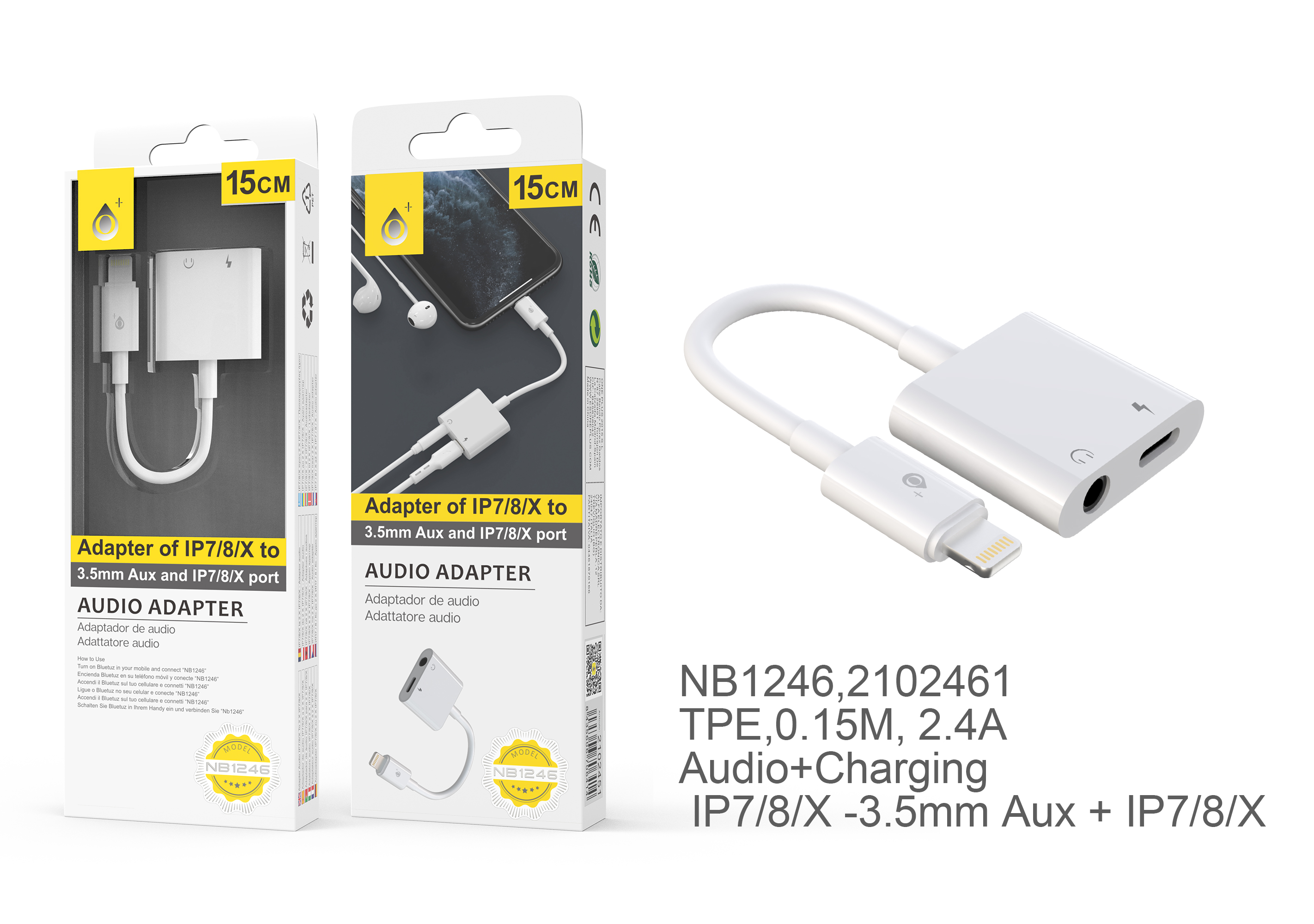 image principale pour Câble adaptateur 2 en 1 - IP7/8/X - Audio 3,5mm -NB1246-15cm - Blanc