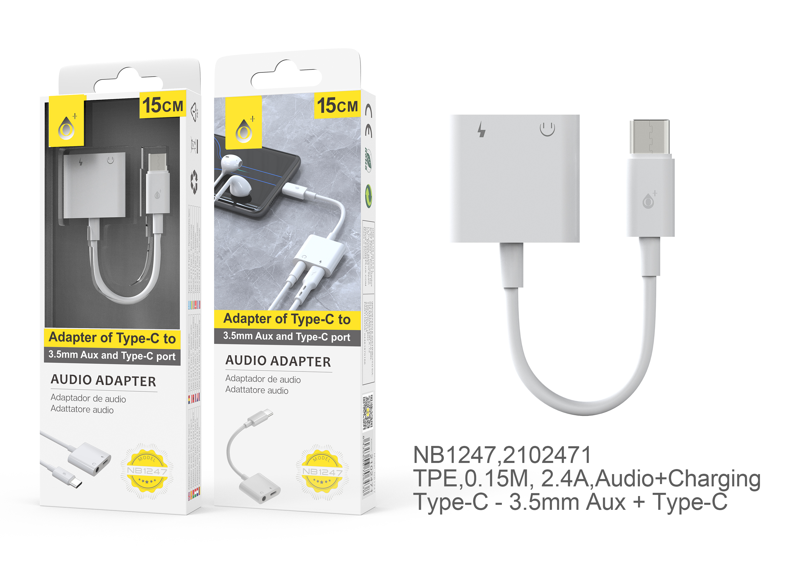 image principale pour Câble adaptateur 2 en 1 - Type C - Audio Jack 3,5mm -NB1247-15cm - Blanc