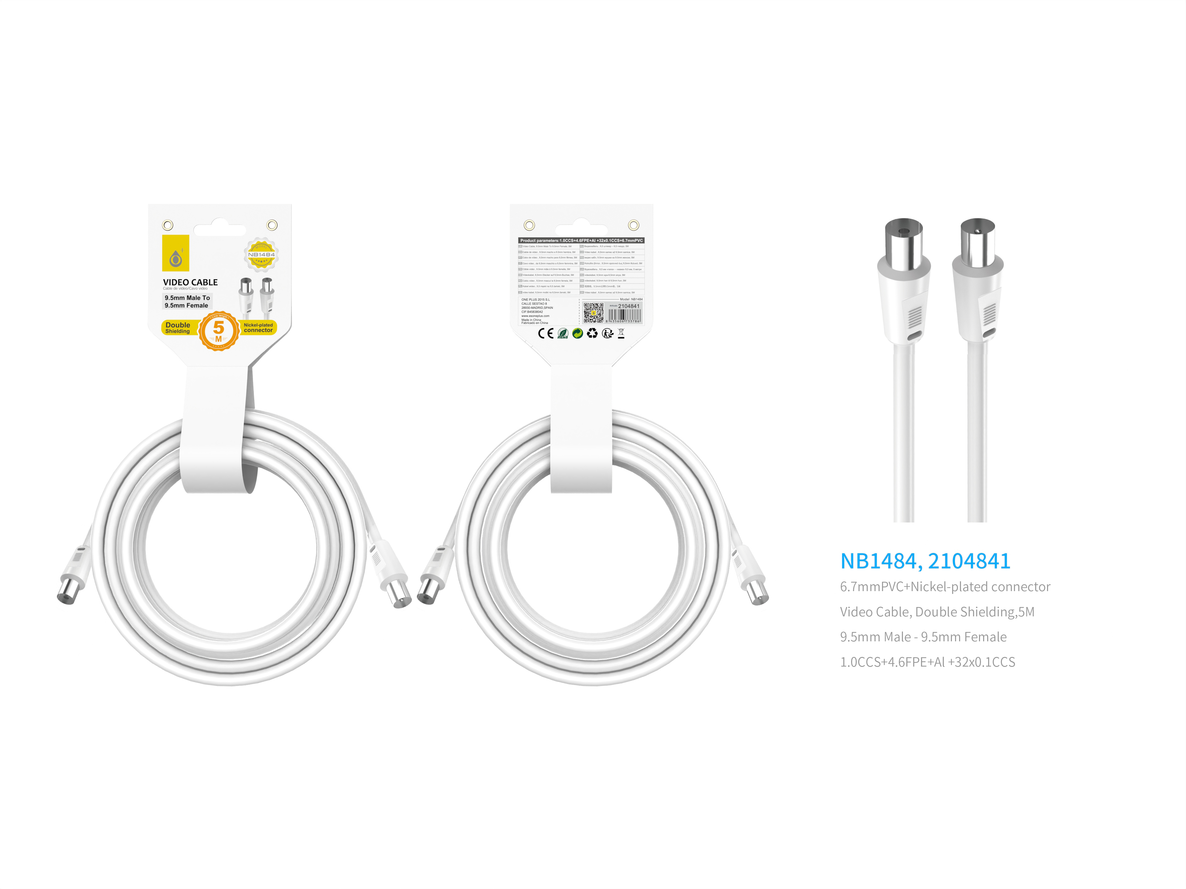 image principale pour Câble antenne video coaxial NB1484 - Male/ Femme- 5m- Blanc
