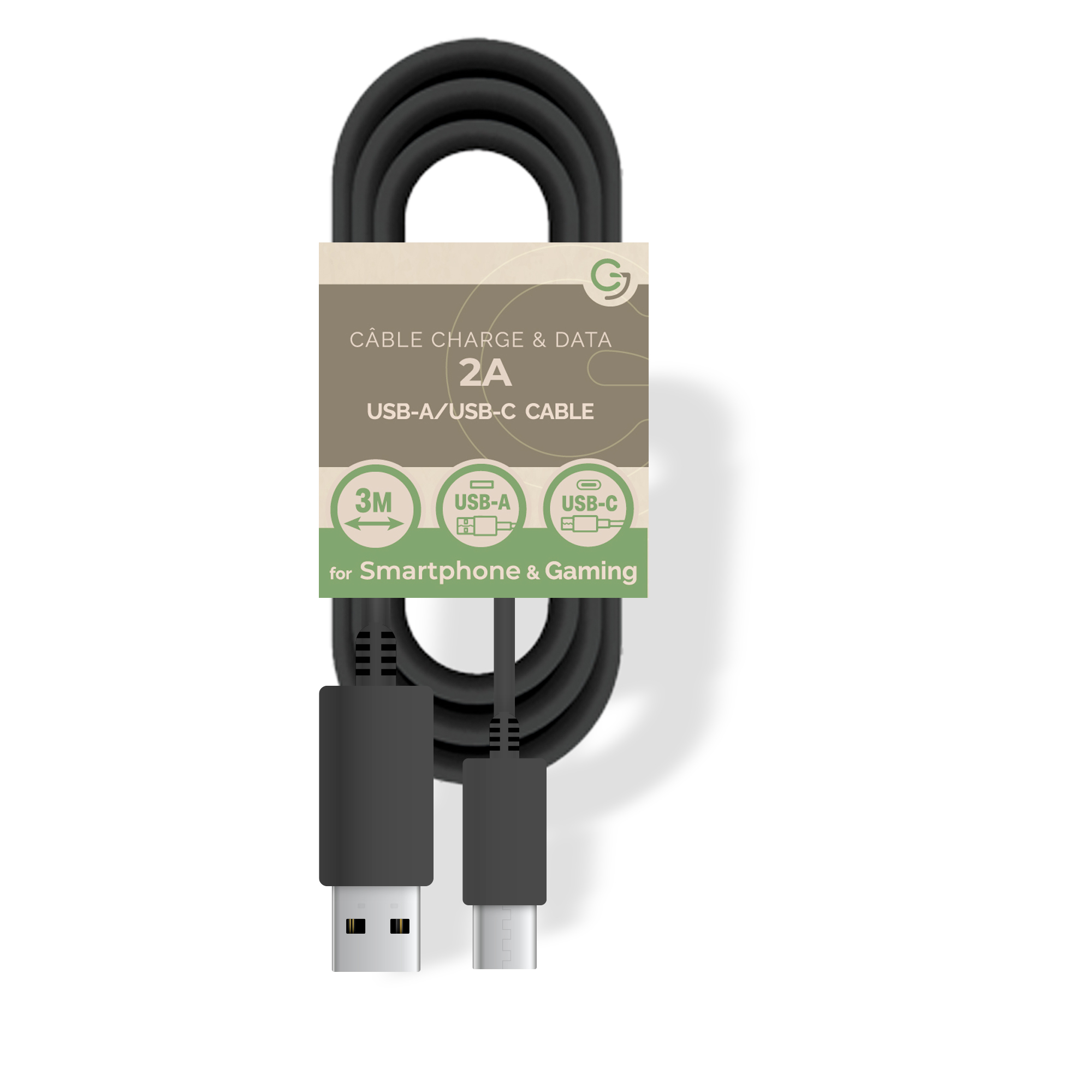 image principale pour Câble Charge et Data USB / Type-C - 5V / 2A - 3m - SANS EMBALLAGE - Noir