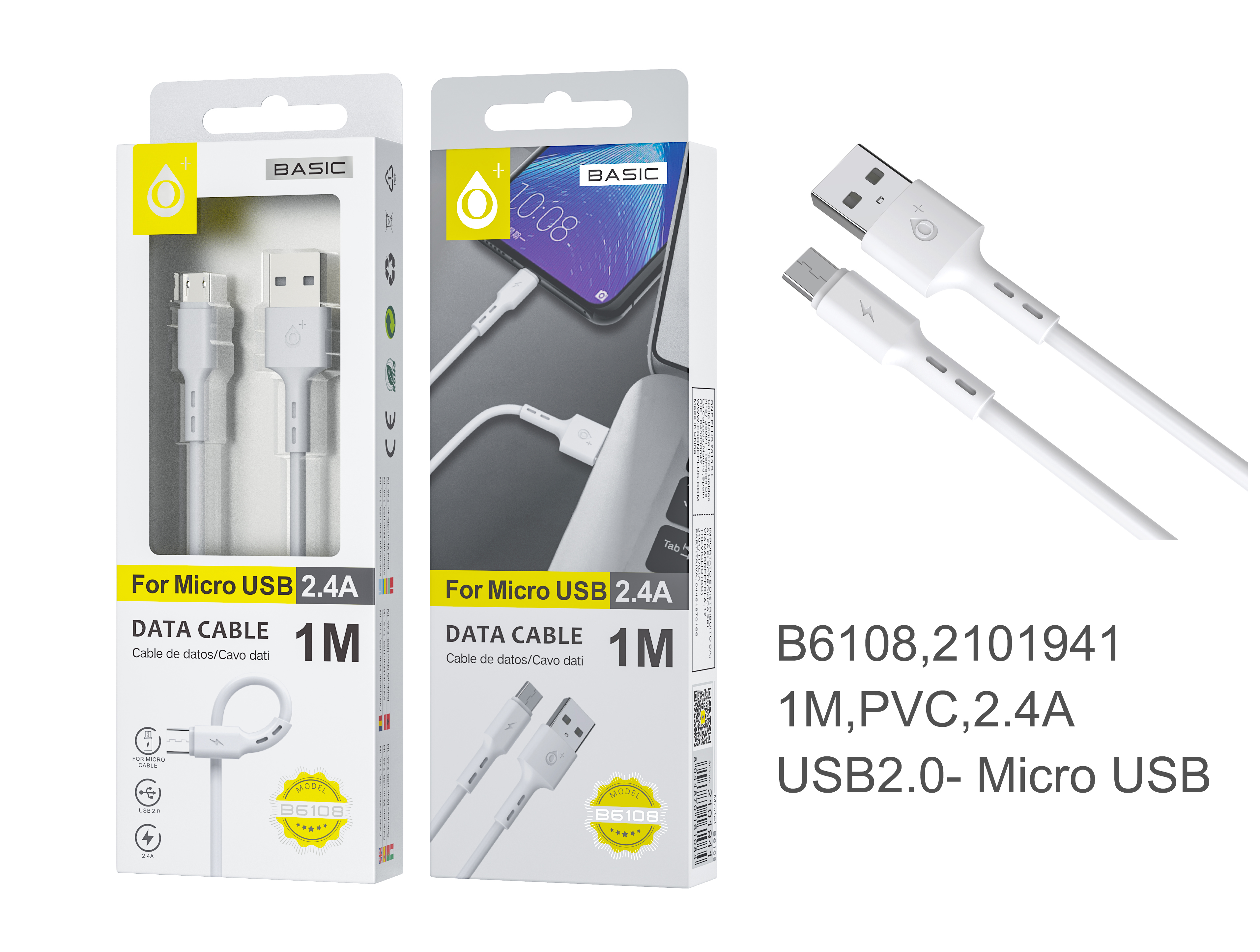 image principale pour Câble USB charge et transfert de données Micro USB - 2.4A - 1M- B6108 - Blanc
