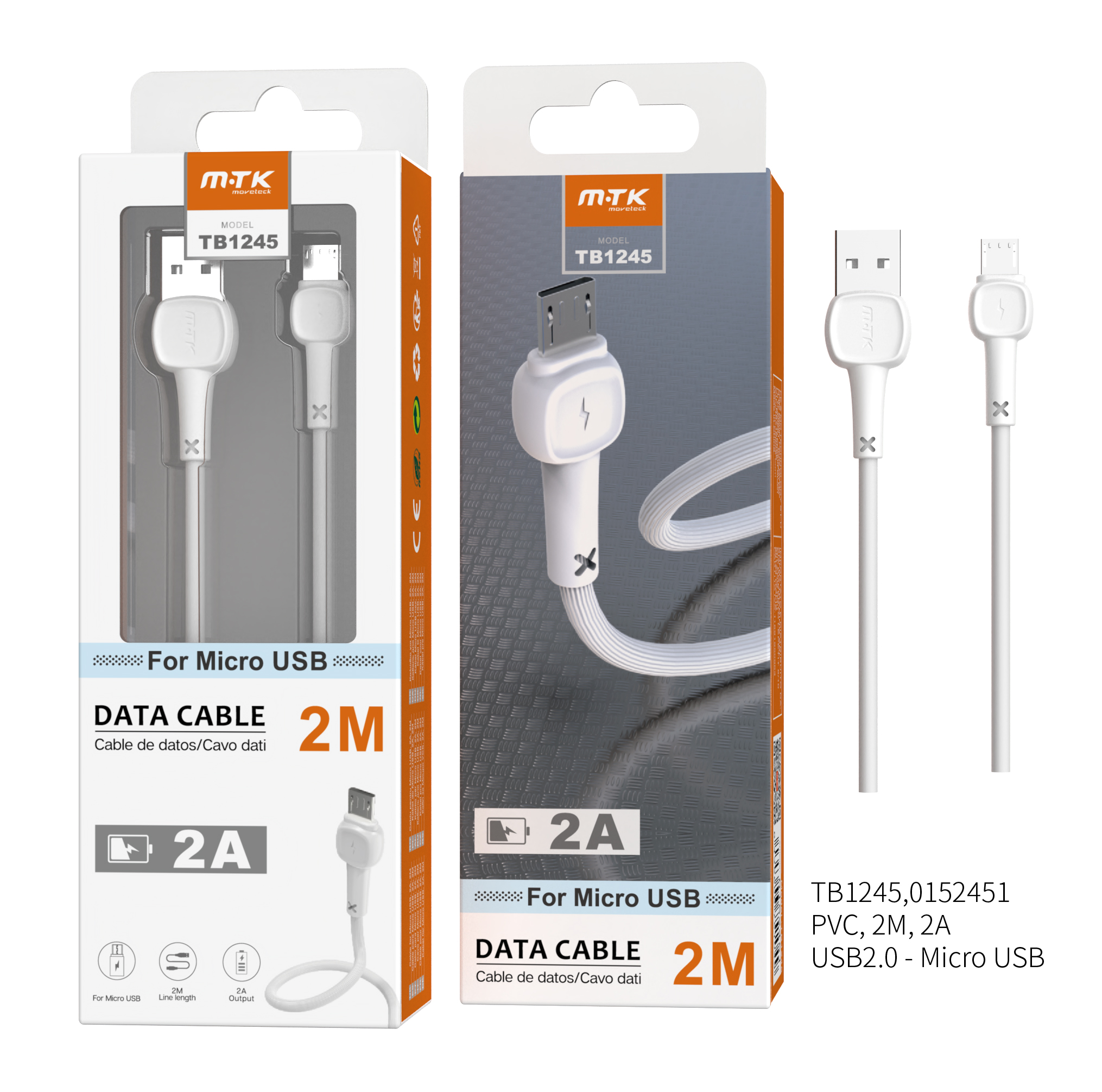 image principale pour Câble de Charge Micro USB Universel 2m-2A-TB1245-Blanc