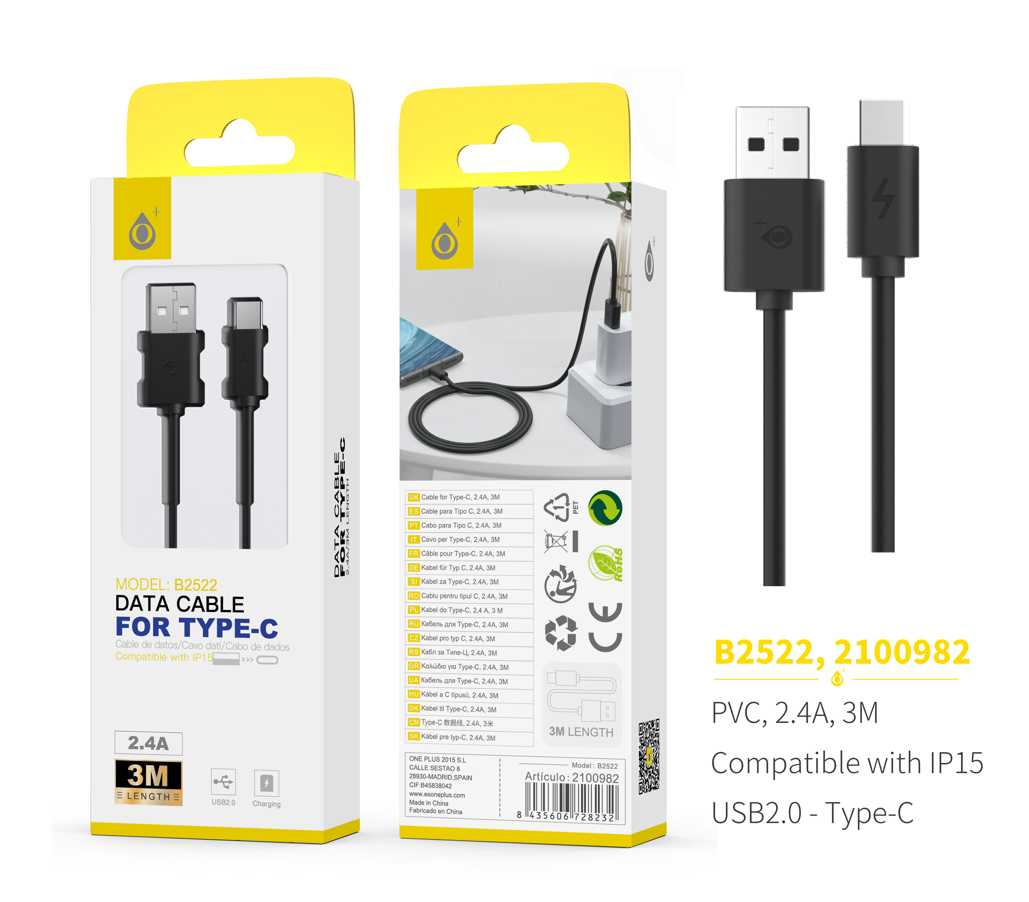 image principale pour Câble de Recharge de 3M  Type C (Embout Secteur Non Inclus) B2522