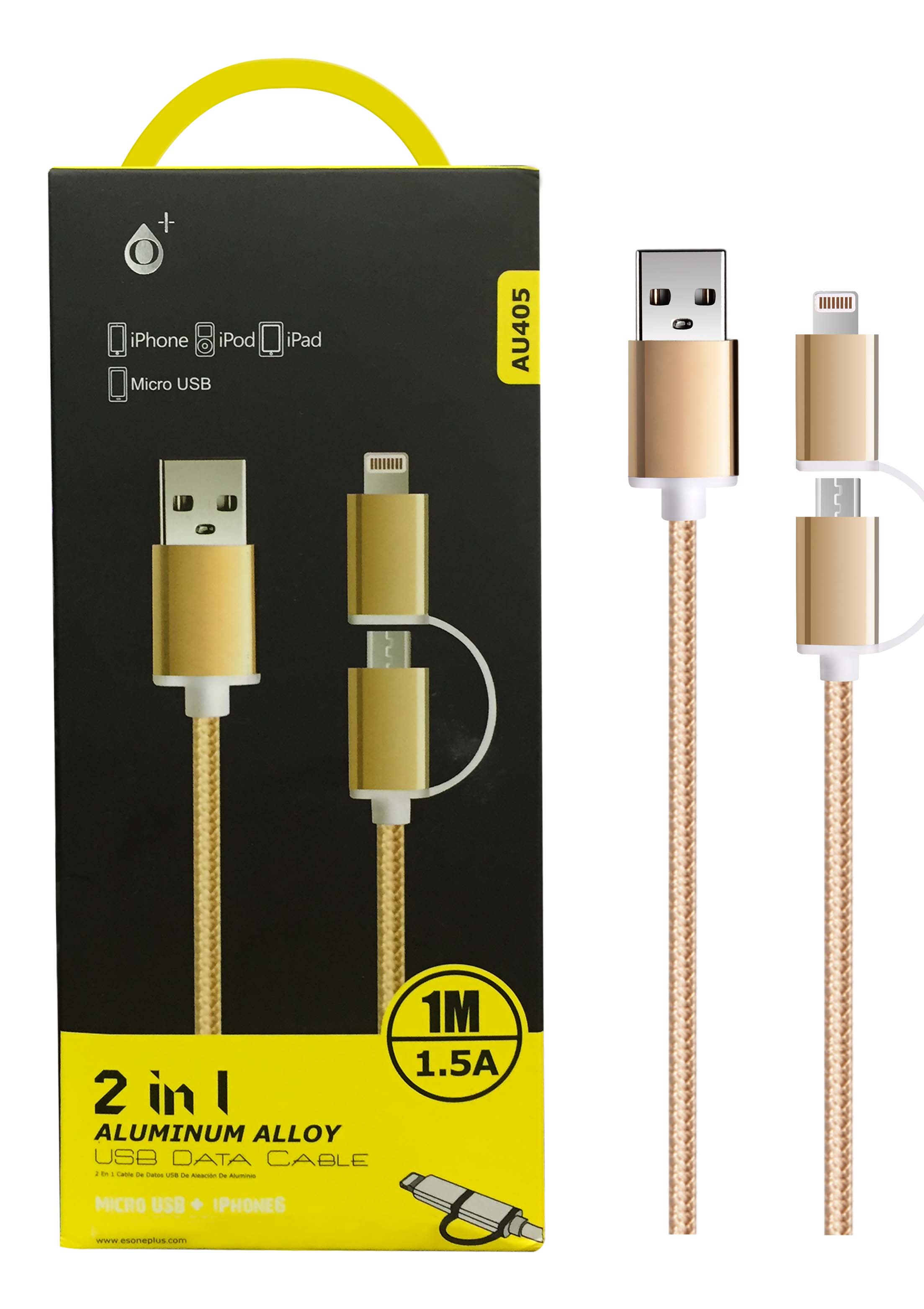 image principale pour Câble Double micro USB + iPhone 5/6/7/8/X- 1M-Or AU405
