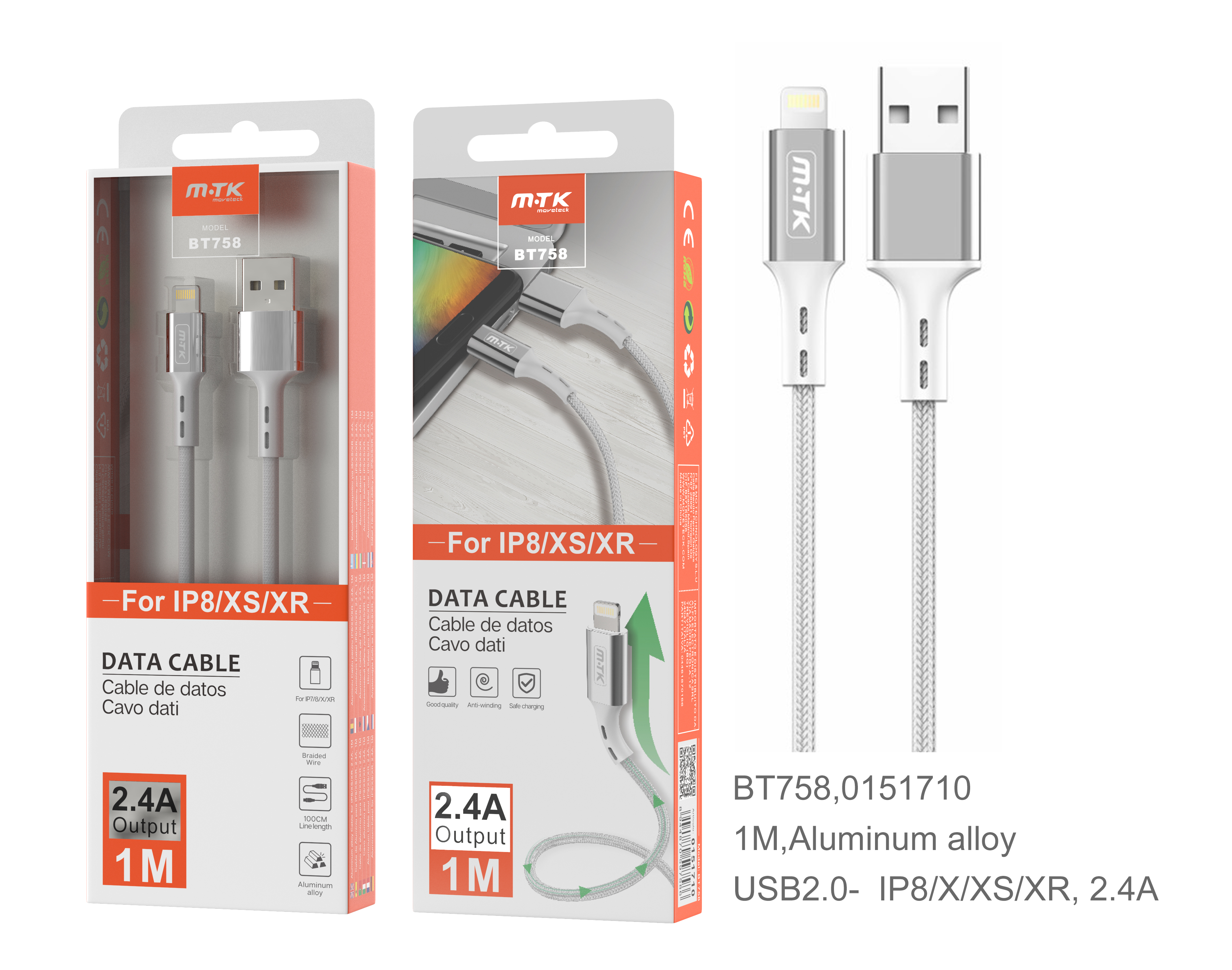 image principale pour Câble en aluminium pour IPhone - 1m 2A - BT758 Argenté