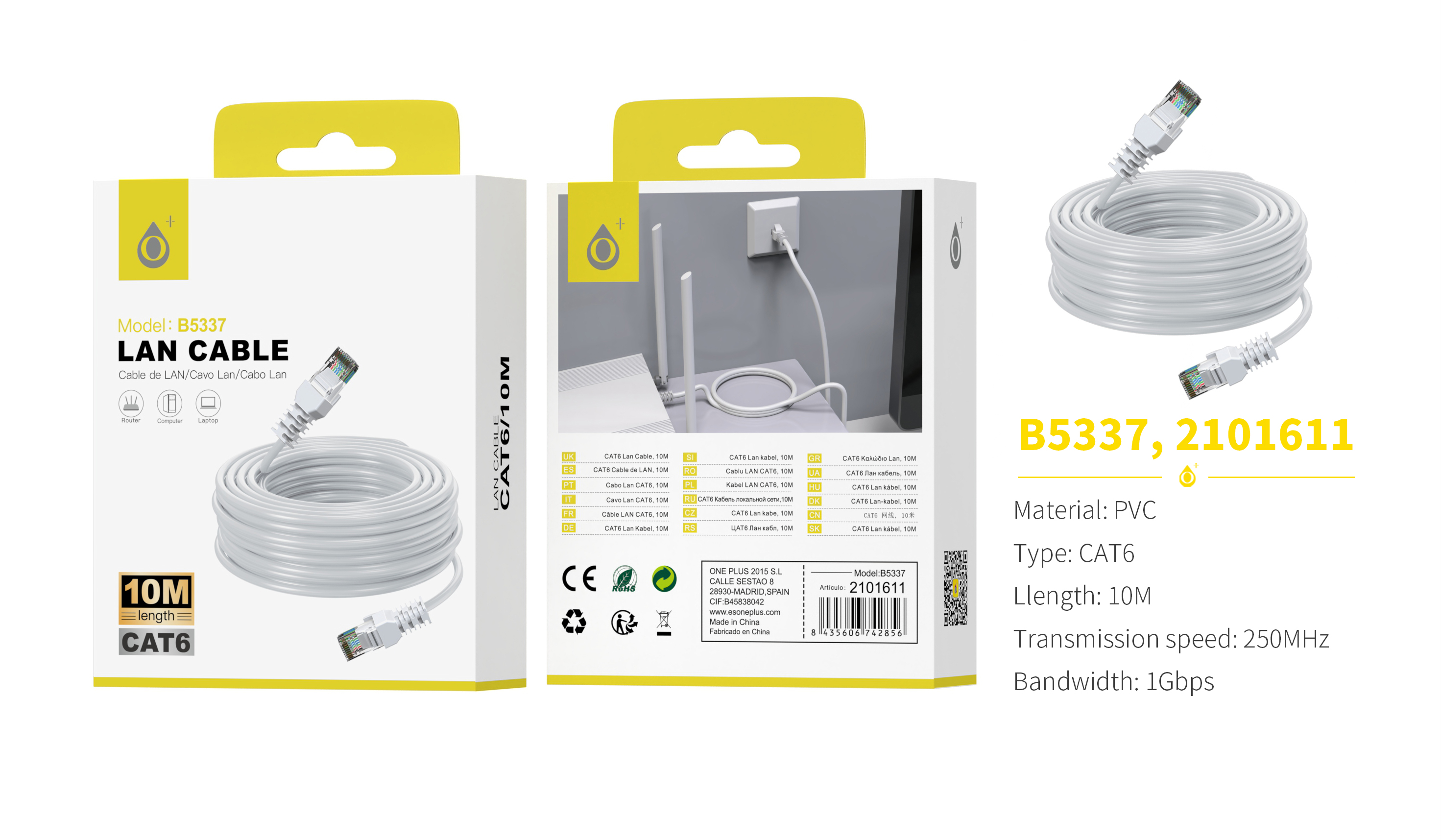 image principale pour Câble Ethernet CAT6 -  10m - blanc - B5337