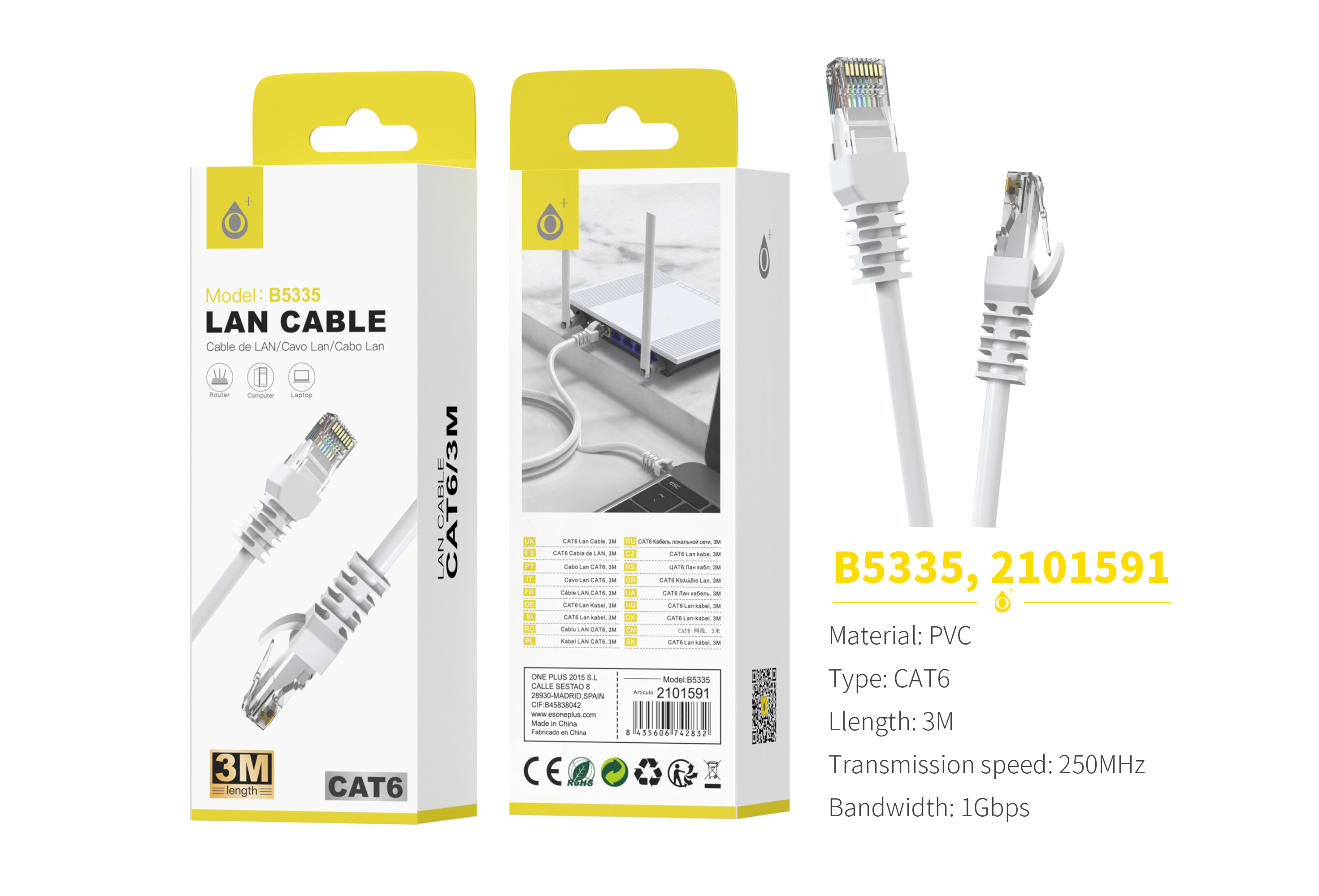 image principale pour Câble Ethernet RJ45 - 3 M - B5335 - Blanc