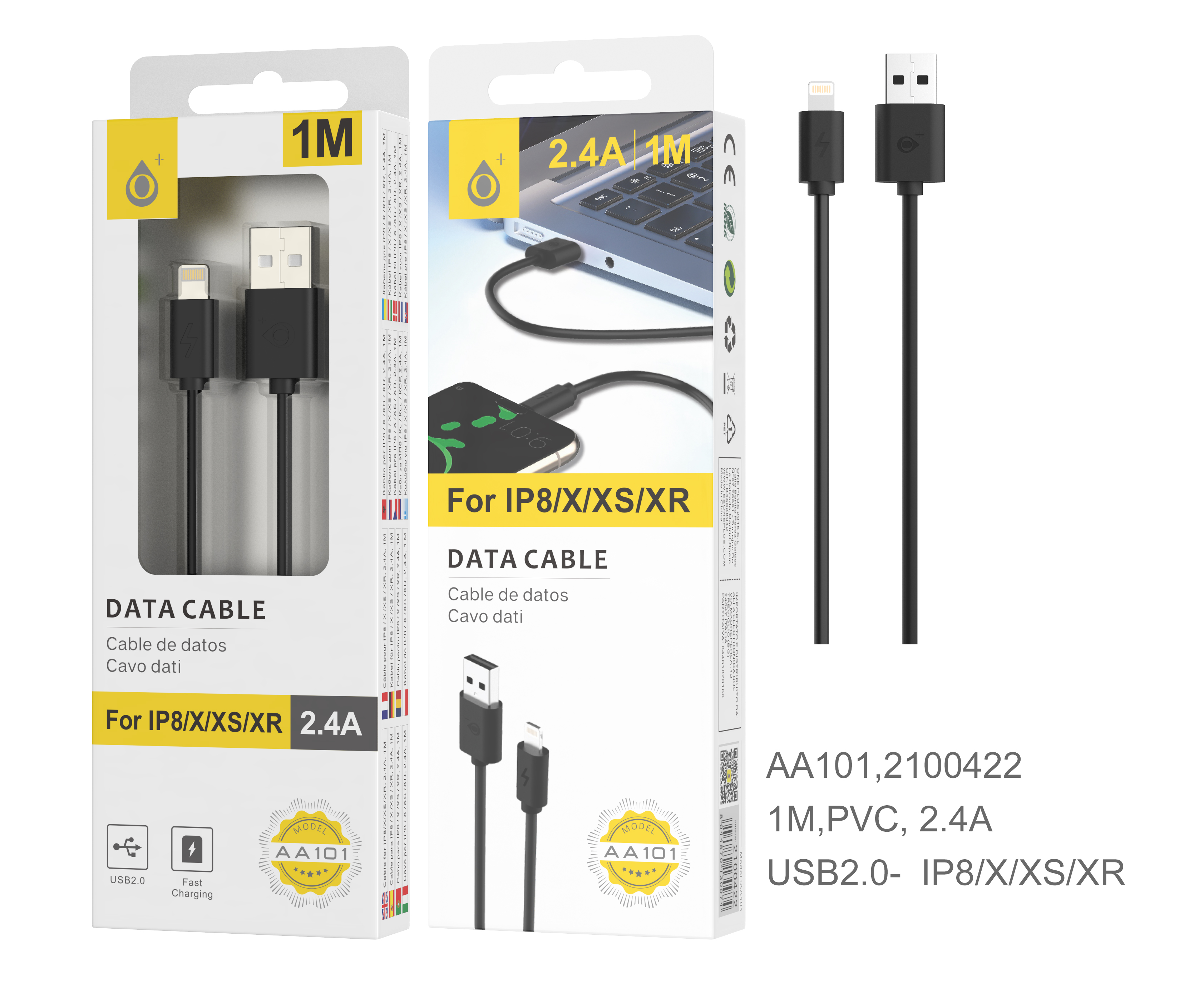 image principale pour Câble pour IPHONE 5/6/7/8/X, 1 Mètre, 2.4A Noir AA101