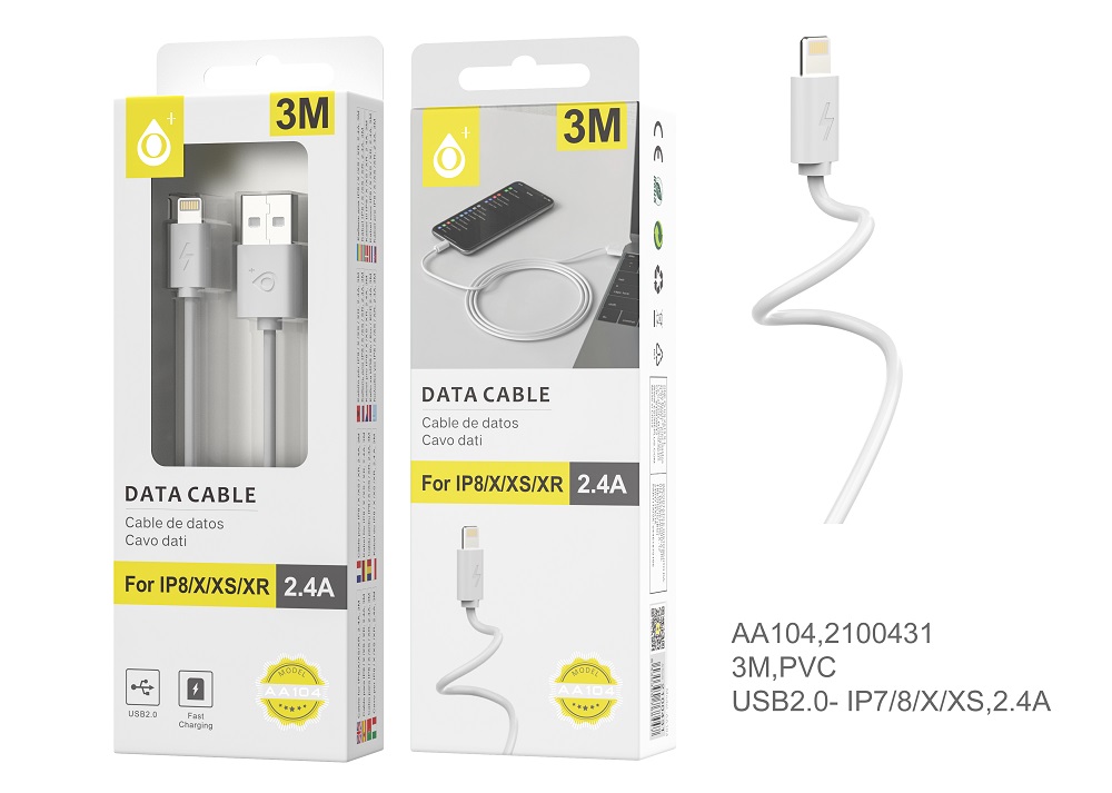 image principale pour Câble pour Iphone 7/8/X/XS - 2,4A - 3M - AA104 - Blanc