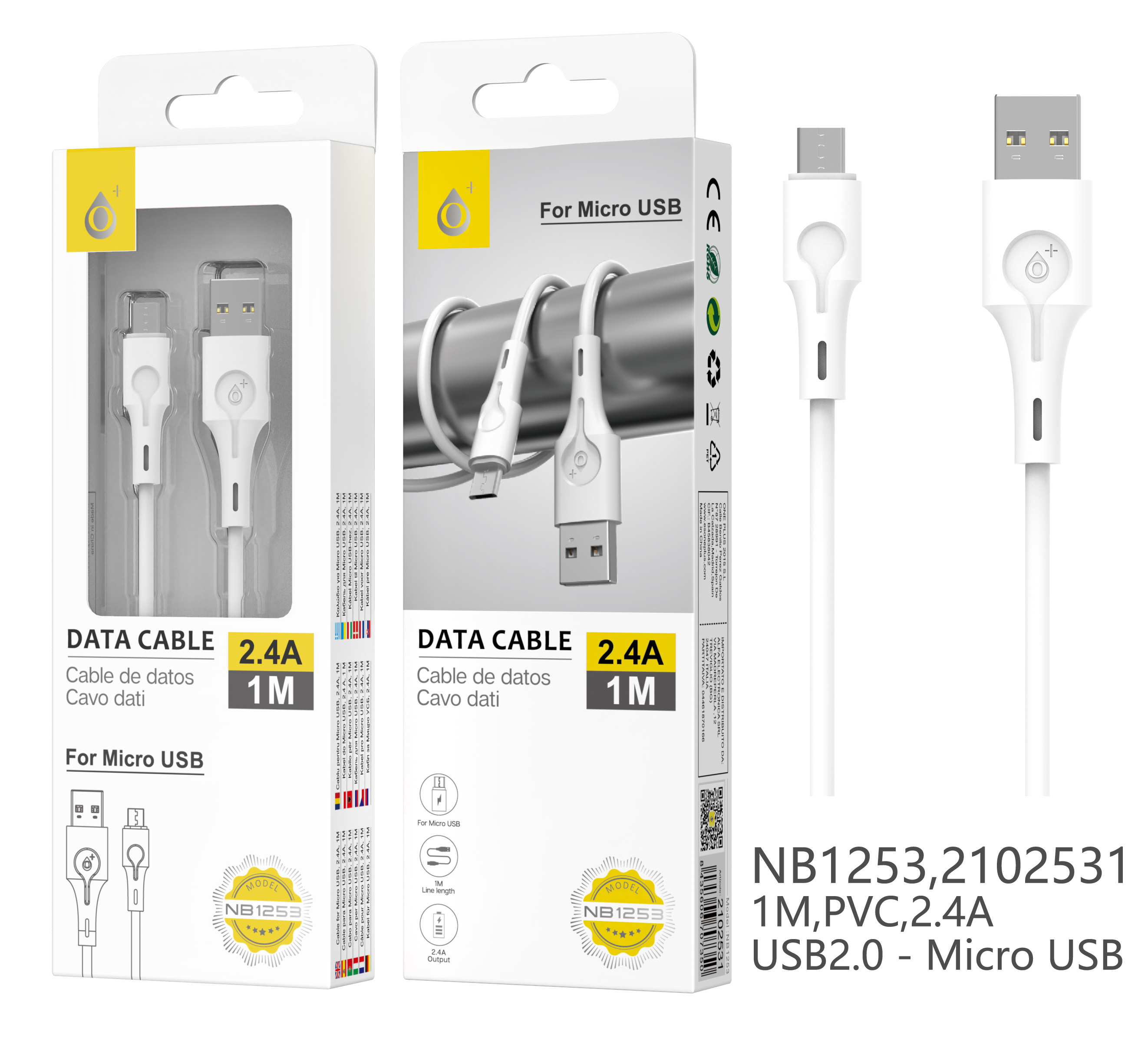 image principale pour Câble pour SmartPhone micro USB NB1253, 1 Mètre Blanc