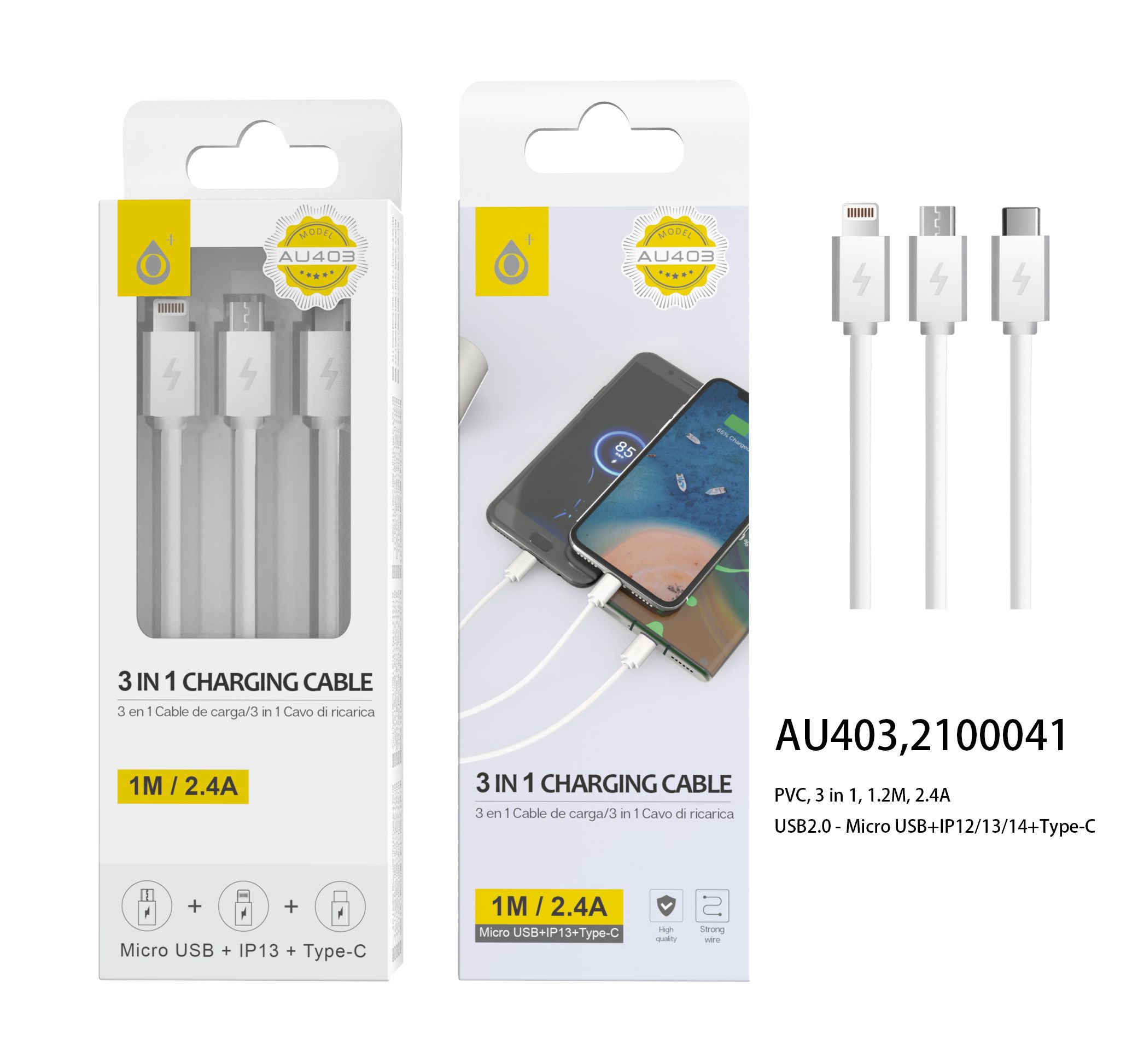 image principale pour Cable Triple MicroUSB+ TypeC, 1 Mètre Blanc AU403 Compatible Nintendo Switch + iPhone 12/13/14+