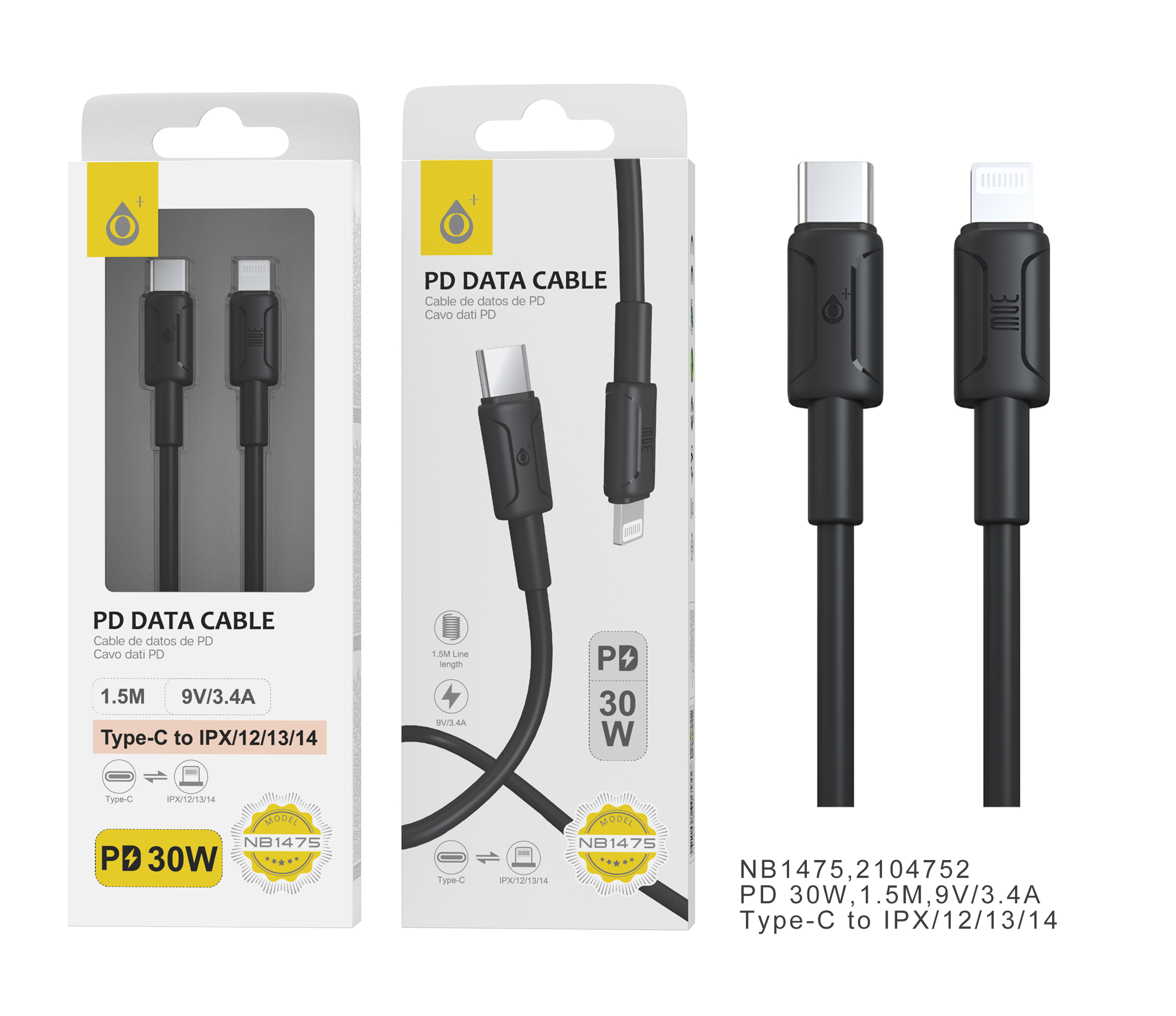 image principale pour Câble type-C vers lightning- 30W- 1,5m- Iphone X a 14- Noir-NB1475