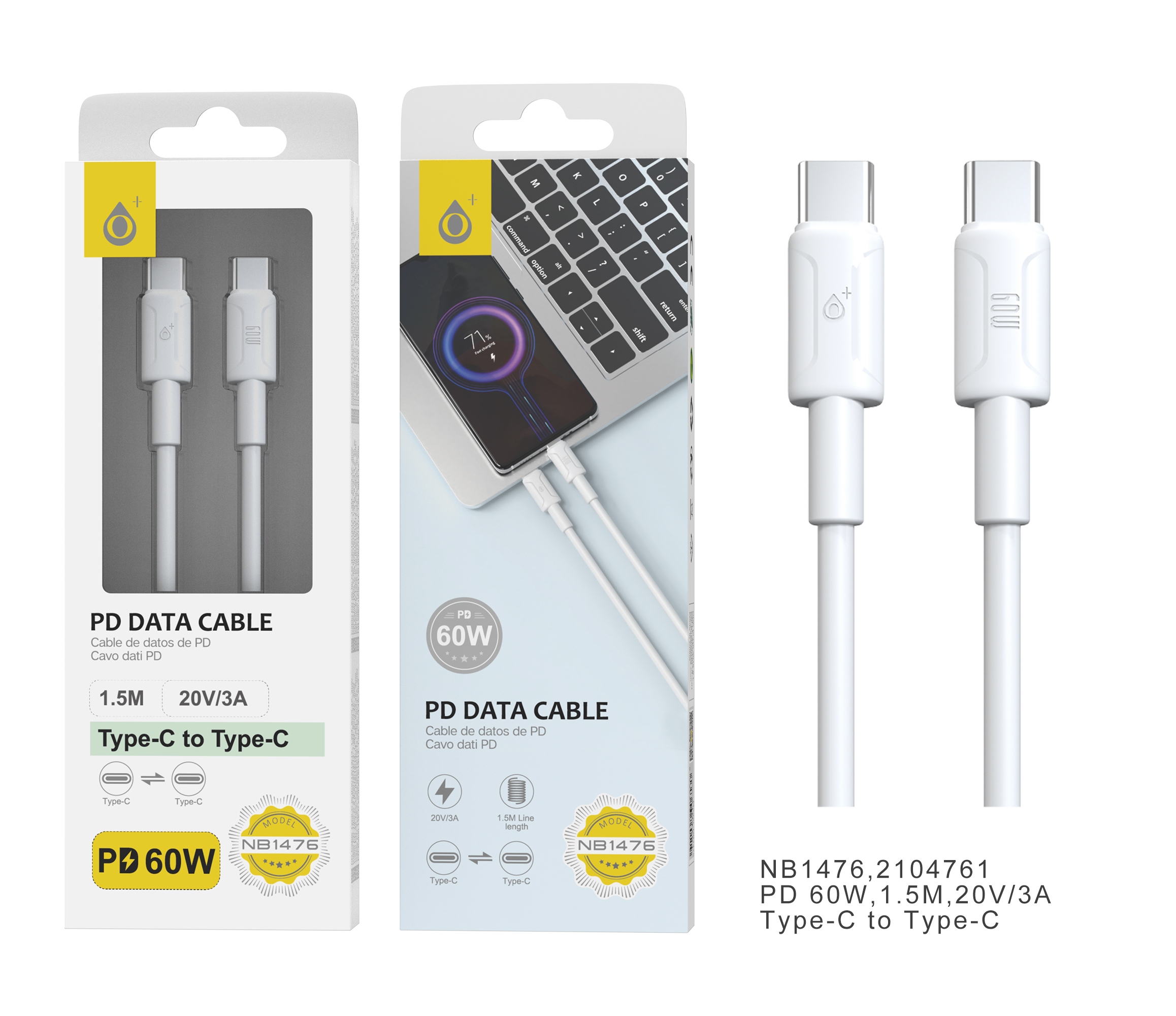 image principale pour Câble Type-C vers Type-C 1,5m 60W 20V/3A - NB1476 - blanc