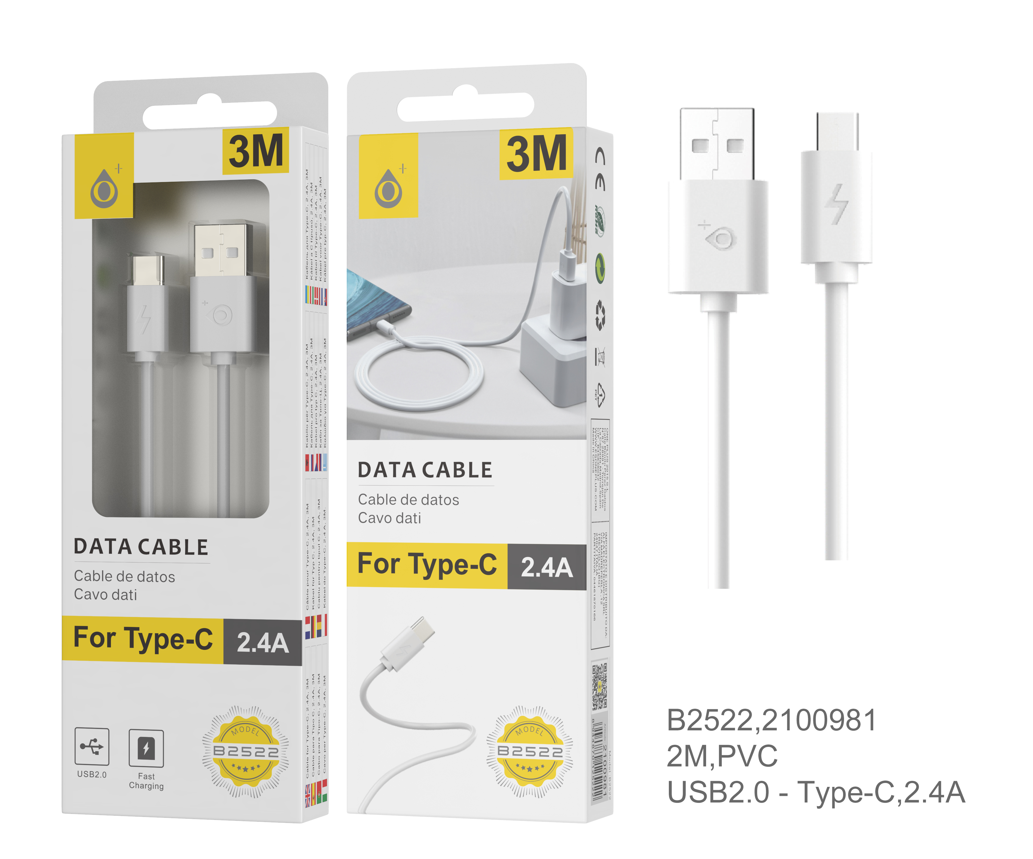 image principale pour Câble USB vers Type C- 2A- 3m Blanc B2522