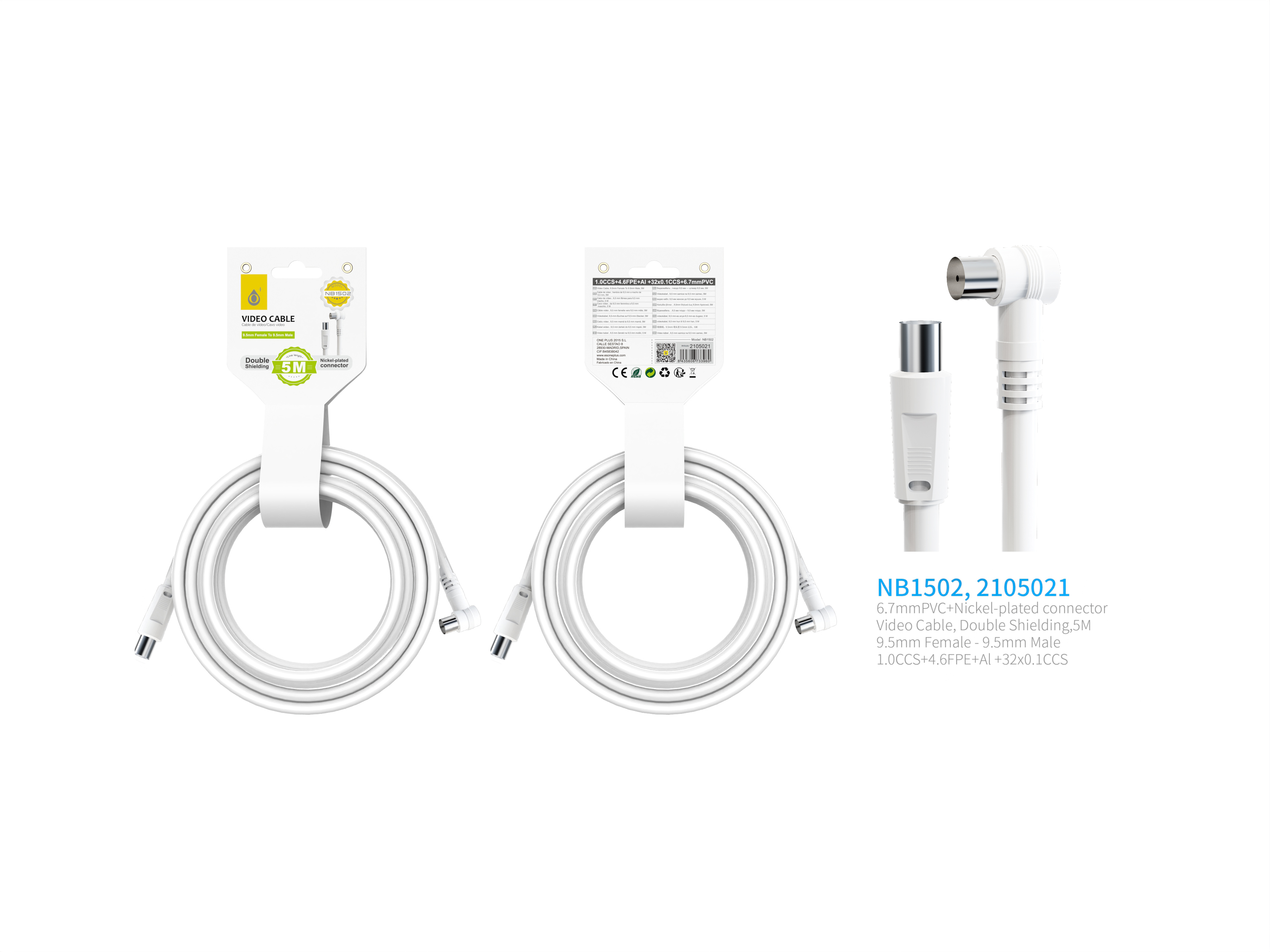 image principale pour Câble antenne video coaxial- Male/ Femme coudé- 5m- Blanc- NB1502