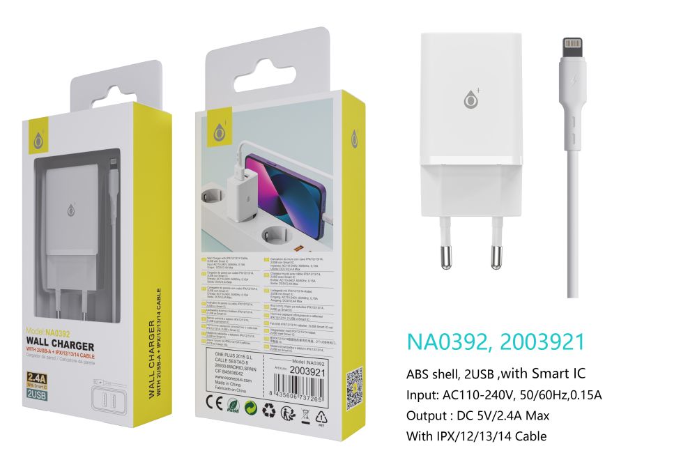 image principale pour Chargeur Avec Câble IP 5 à 14-2USB-2.4A -Blanc-NA0392