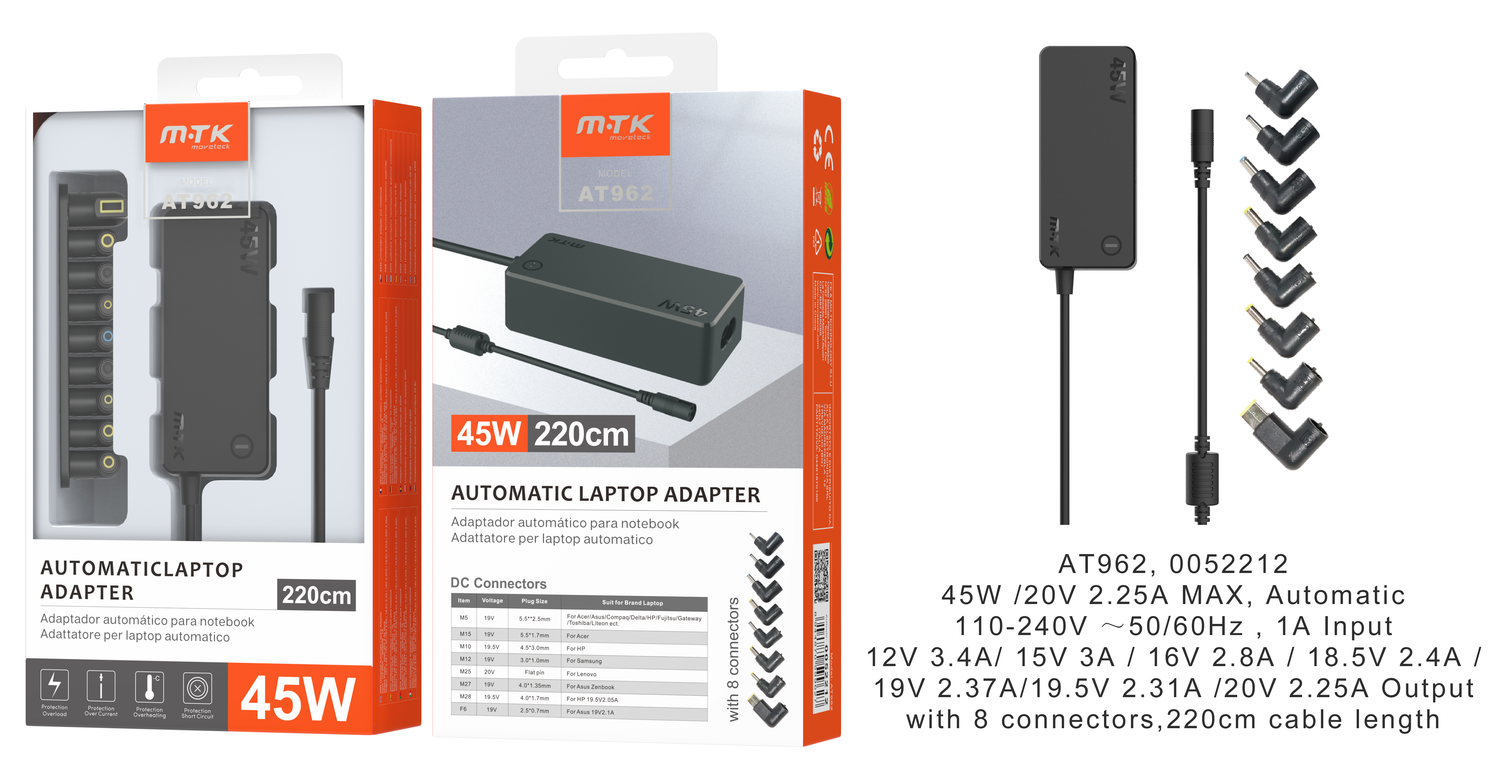 image principale pour Chargeur universel automatique AT962 - 8 Embouts- Charge super rapide- 45W- 3.25A Max- Câble 1.2M - Noir