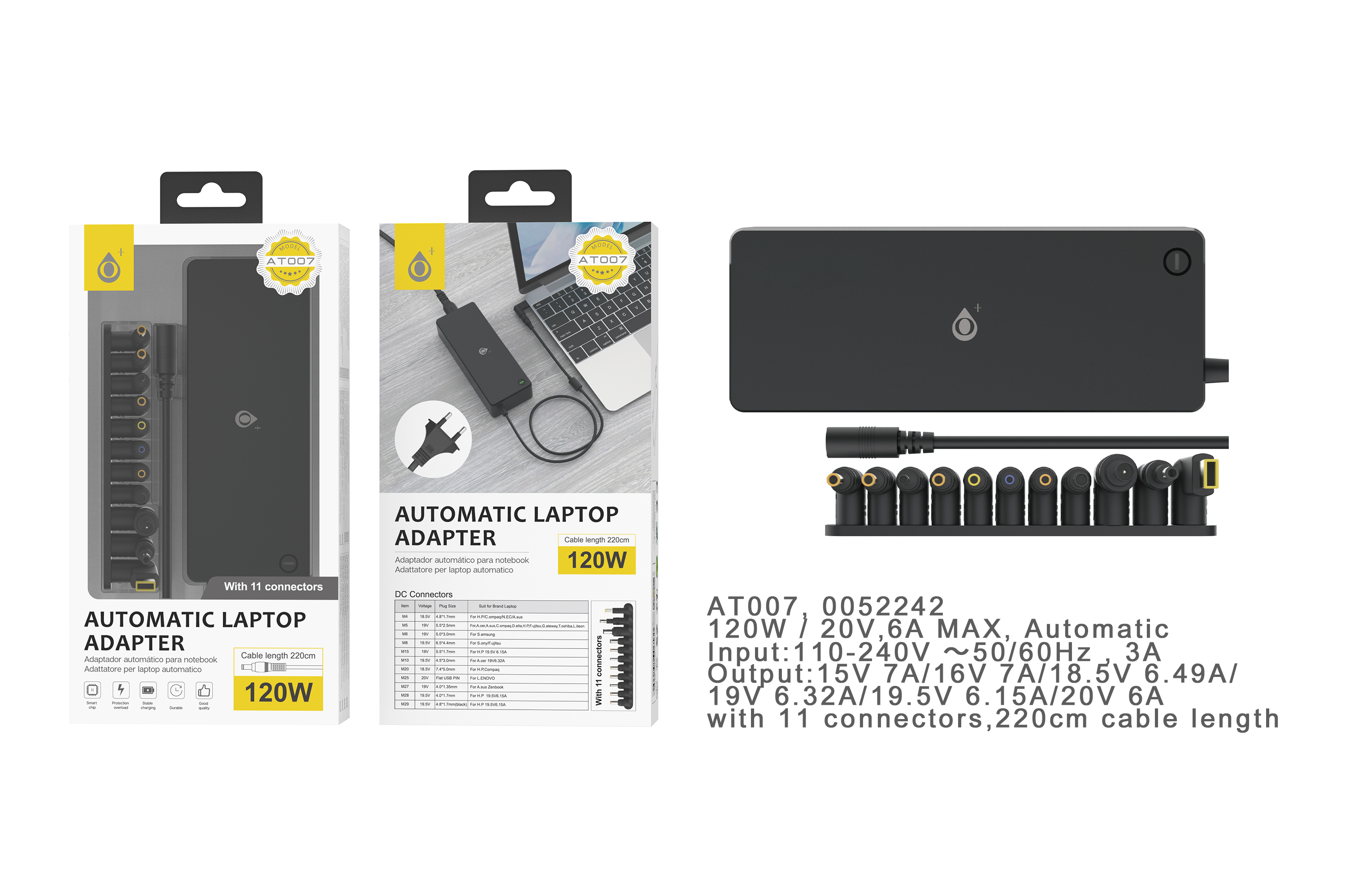 image principale pour Chargeur Universel Automatique pour PC Portable- 11 Embouts- 120W- 7A Max- Câble 1.2M- AT007- Noir