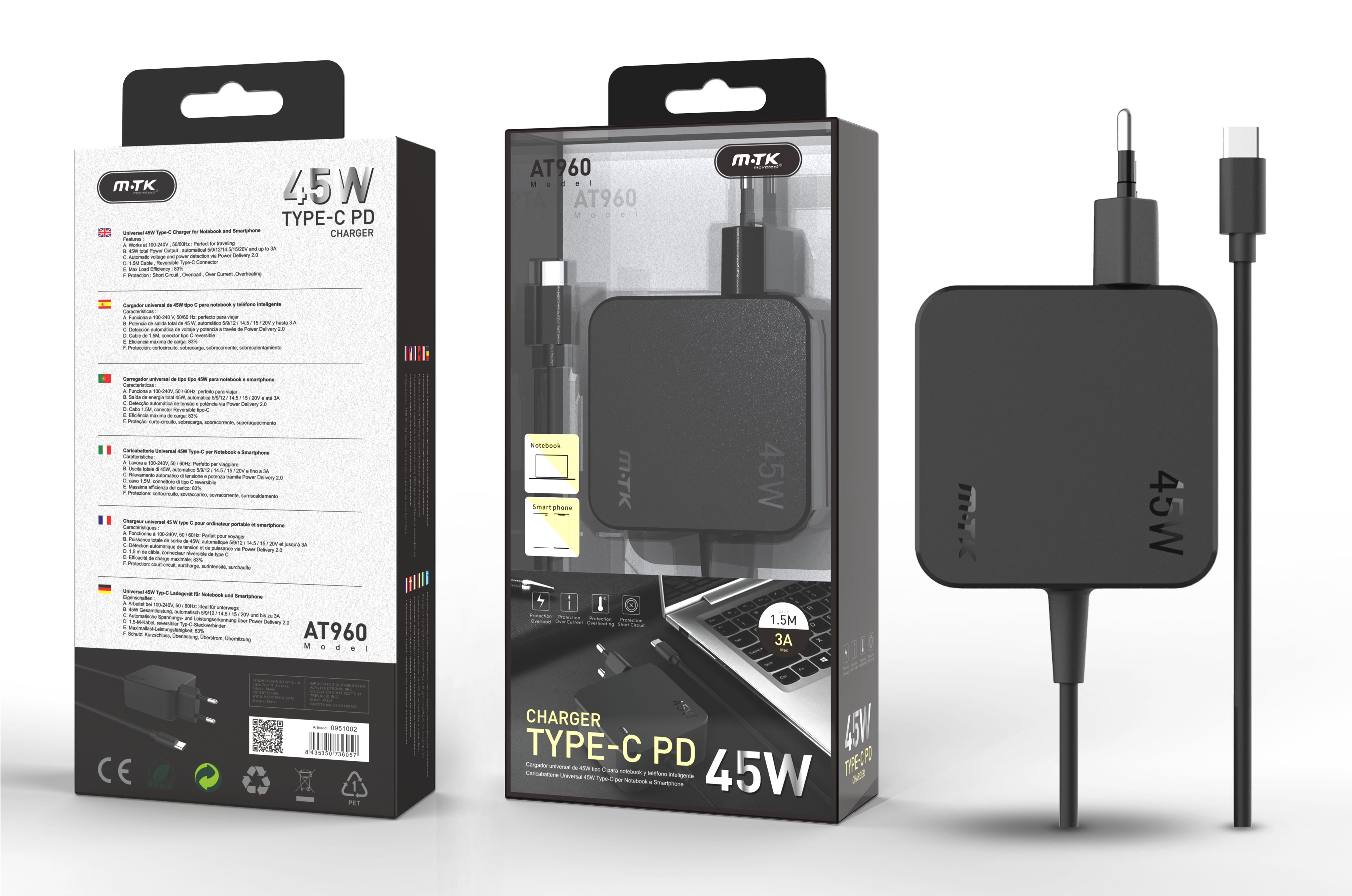 image principale pour Chargeur universel Type C pour PC et téléphone- Charge super rapide- 45W- 3A Max- Câble 1.5M- AT960- Noir