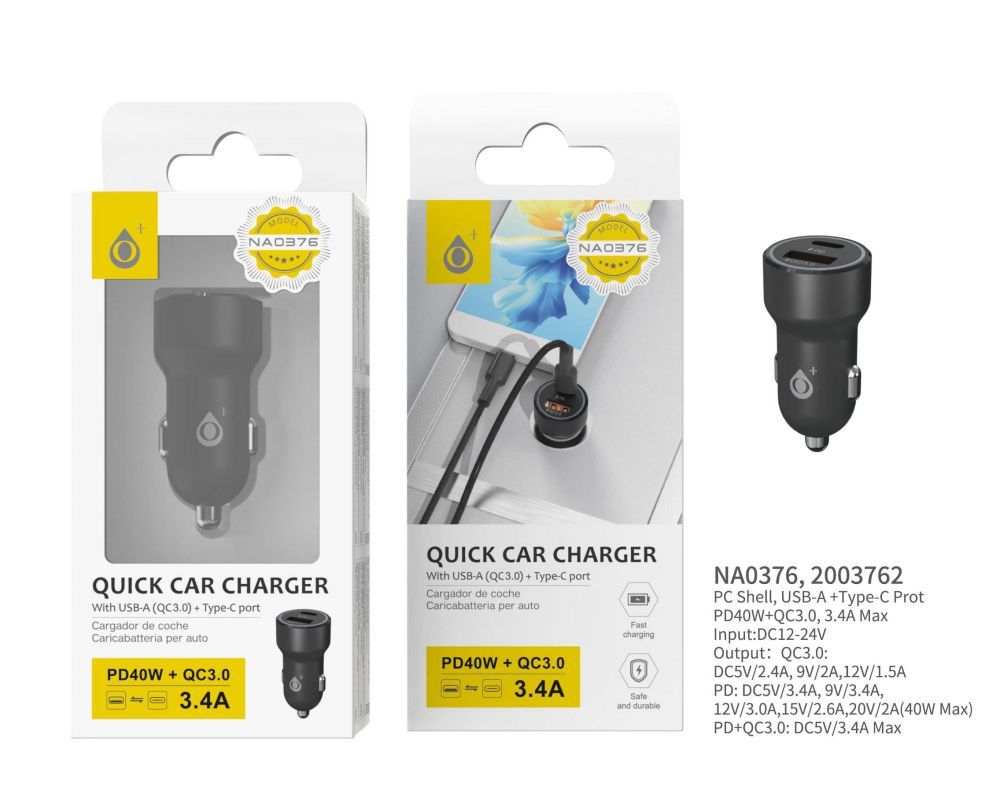 image principale pour Chargeur voiture-Type C + USB, 3.4A/ 40W –Noir-NA0376