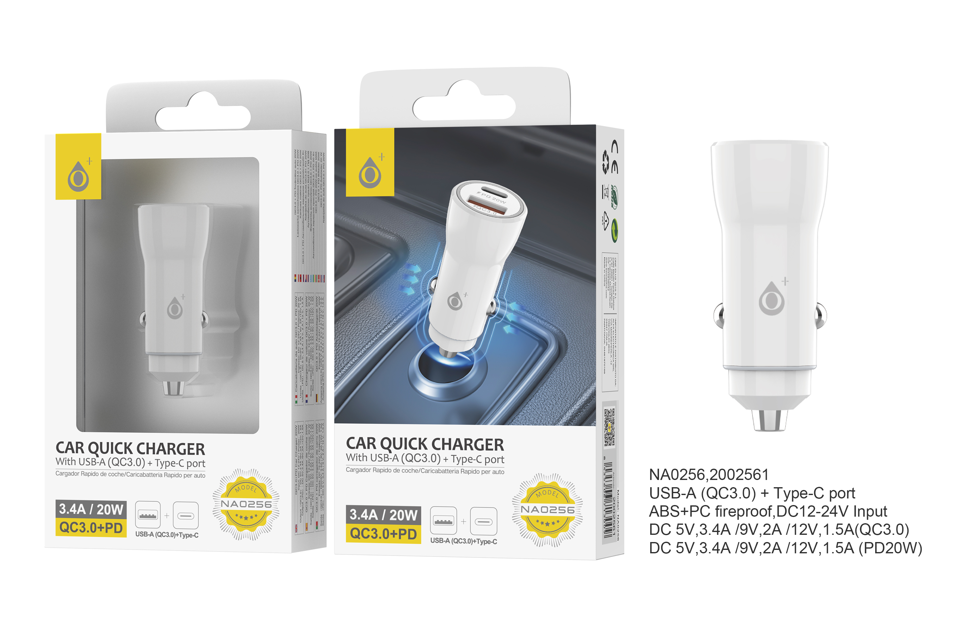 image principale pour Chargeur voiture-Type C + USB, 3.4A–Blanc-NA0256