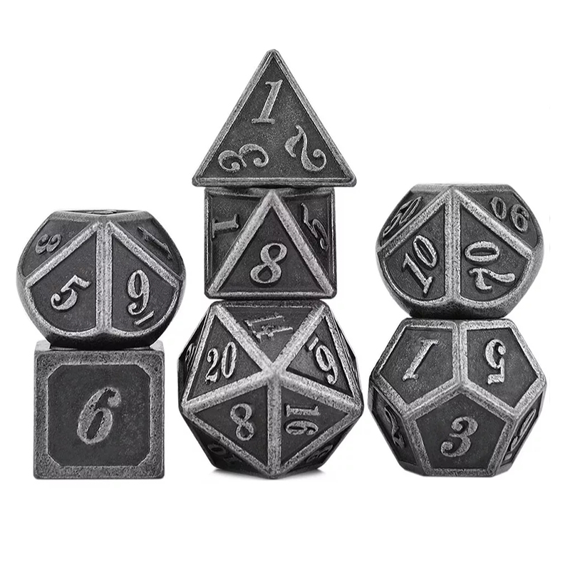 image principale pour Dés Métal - lot de 7 dés (14mm) avec boite en métal- Outlined Silver
