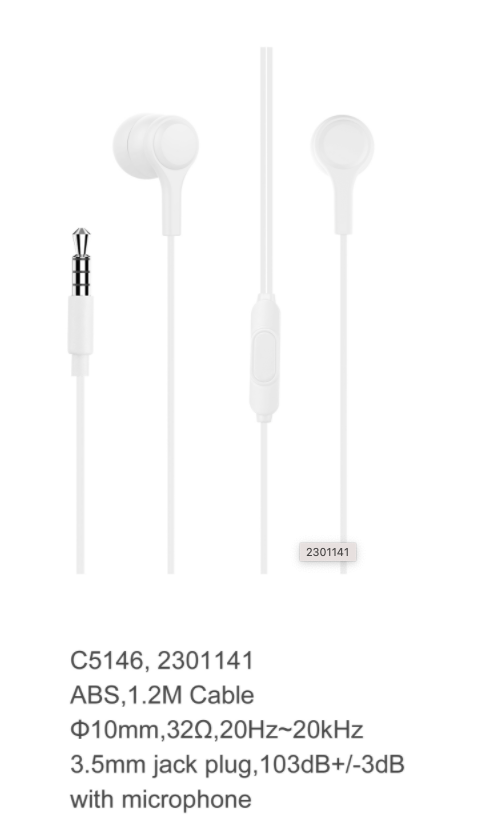 image principale pour Ecouteur avec Micro (x 10)- C5146 - 1,2m  - Blanc (SANS EMBALLAGE)
