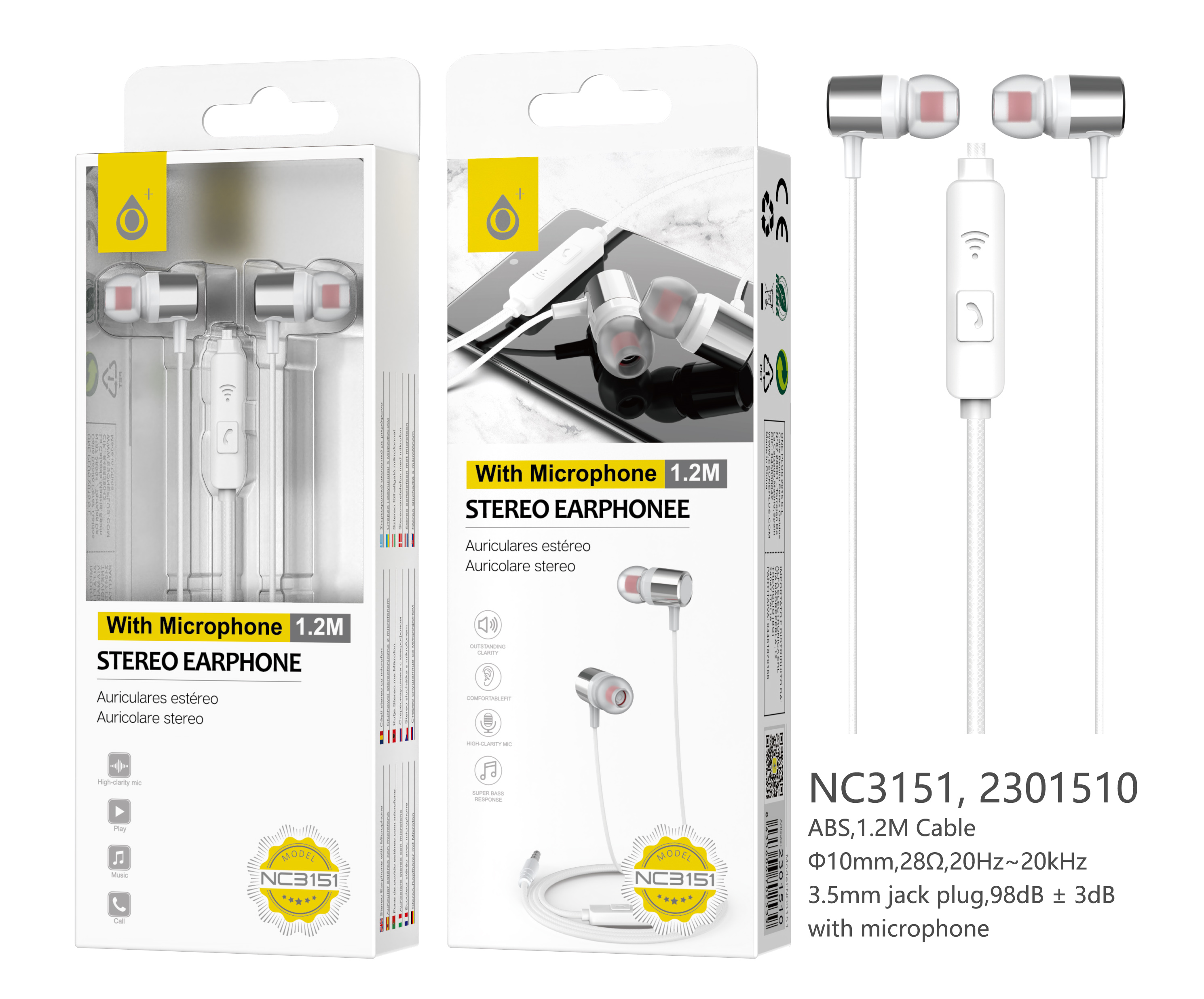 image principale pour Ecouteur avec micro - prise jack - câble 1,2m - NC3151 - Gris