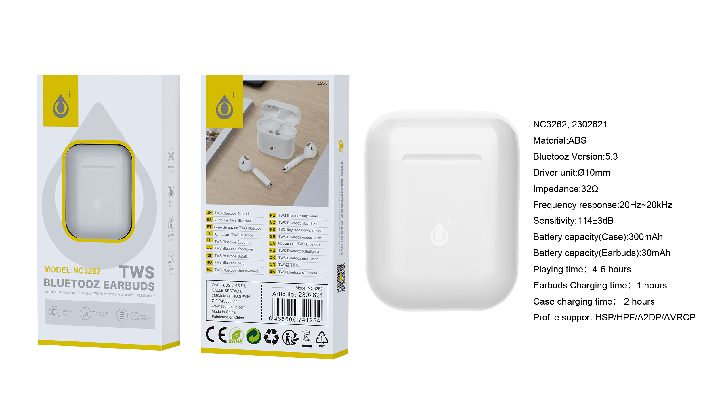 image principale pour Ecouteurs bluetooth 5.3 TWS- 2*30mAh avec etui rechargeable  300mAh- NC3262  Blanc