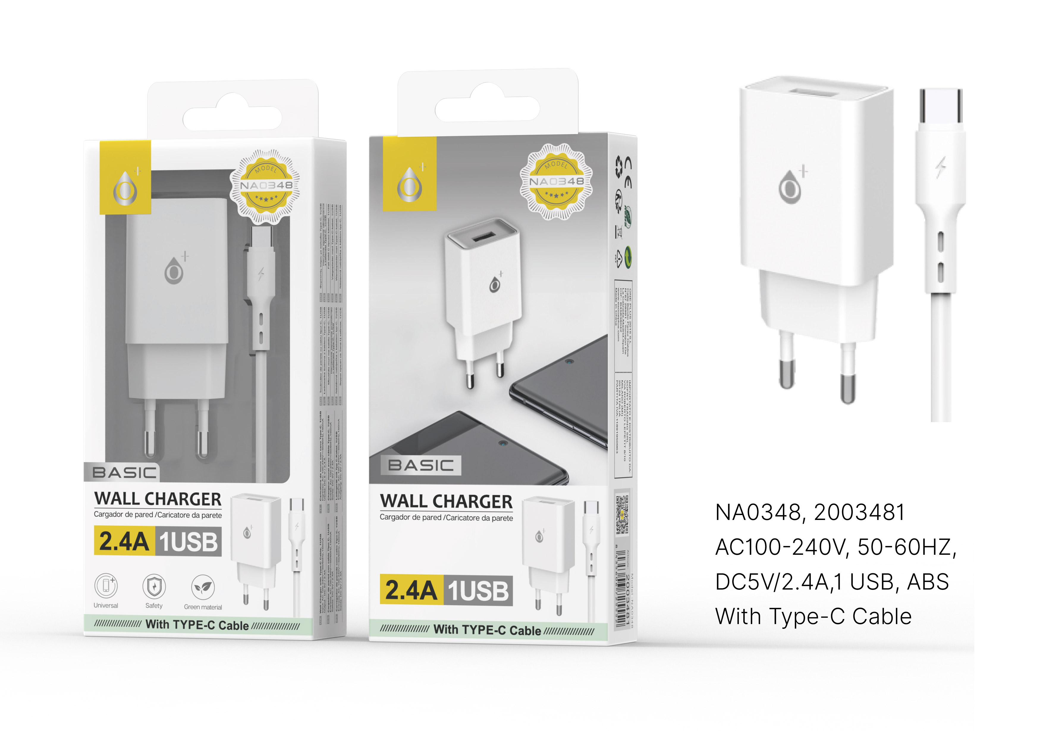 image principale pour Embout Secteur Avec Câble Type C-1m-2,4A-1 USB-Blanc-NA0348 S. Basic