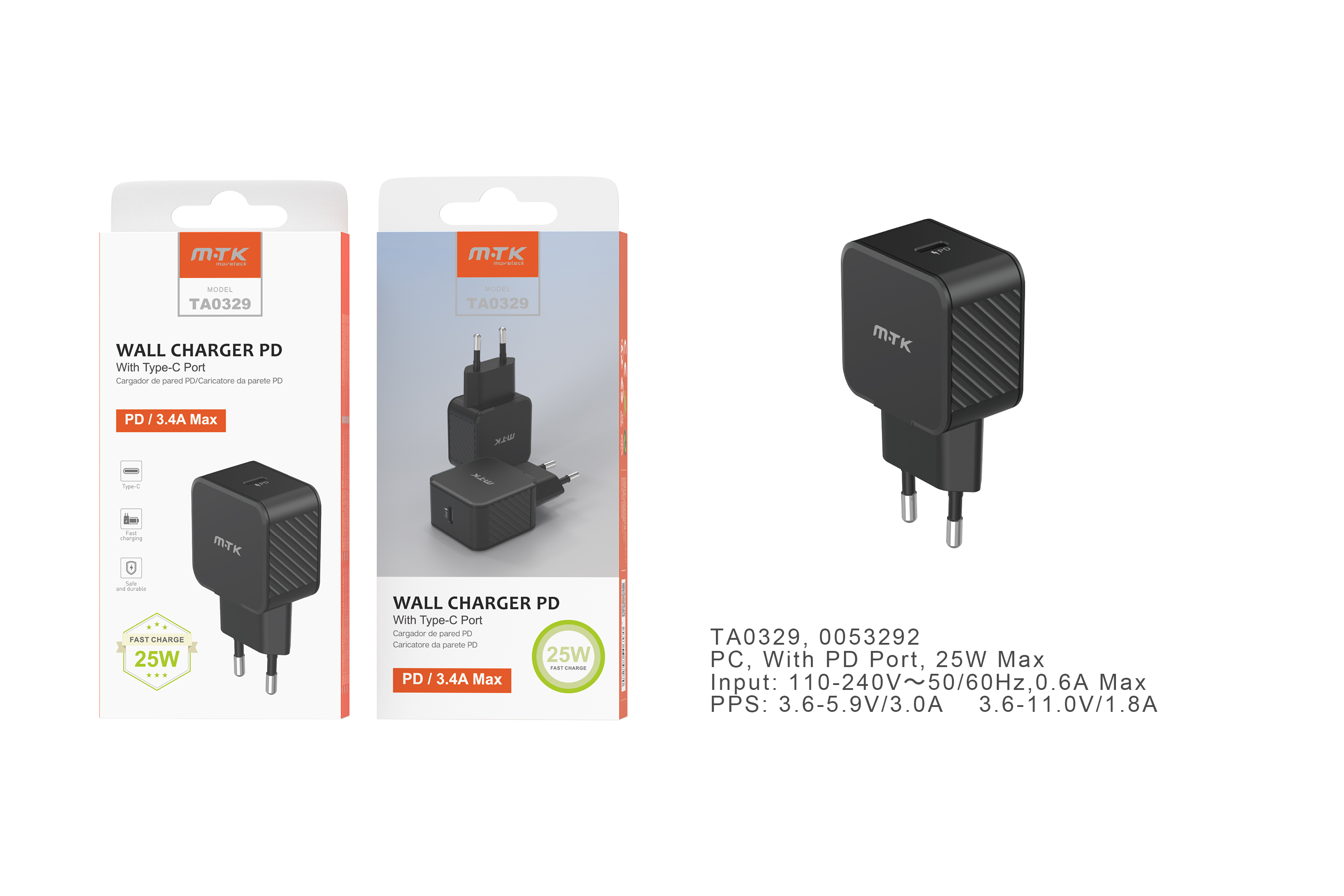 image principale pour Embout Secteur Charge Rapide Type C  - 3.4A max - 25W -TA0329 - Noir