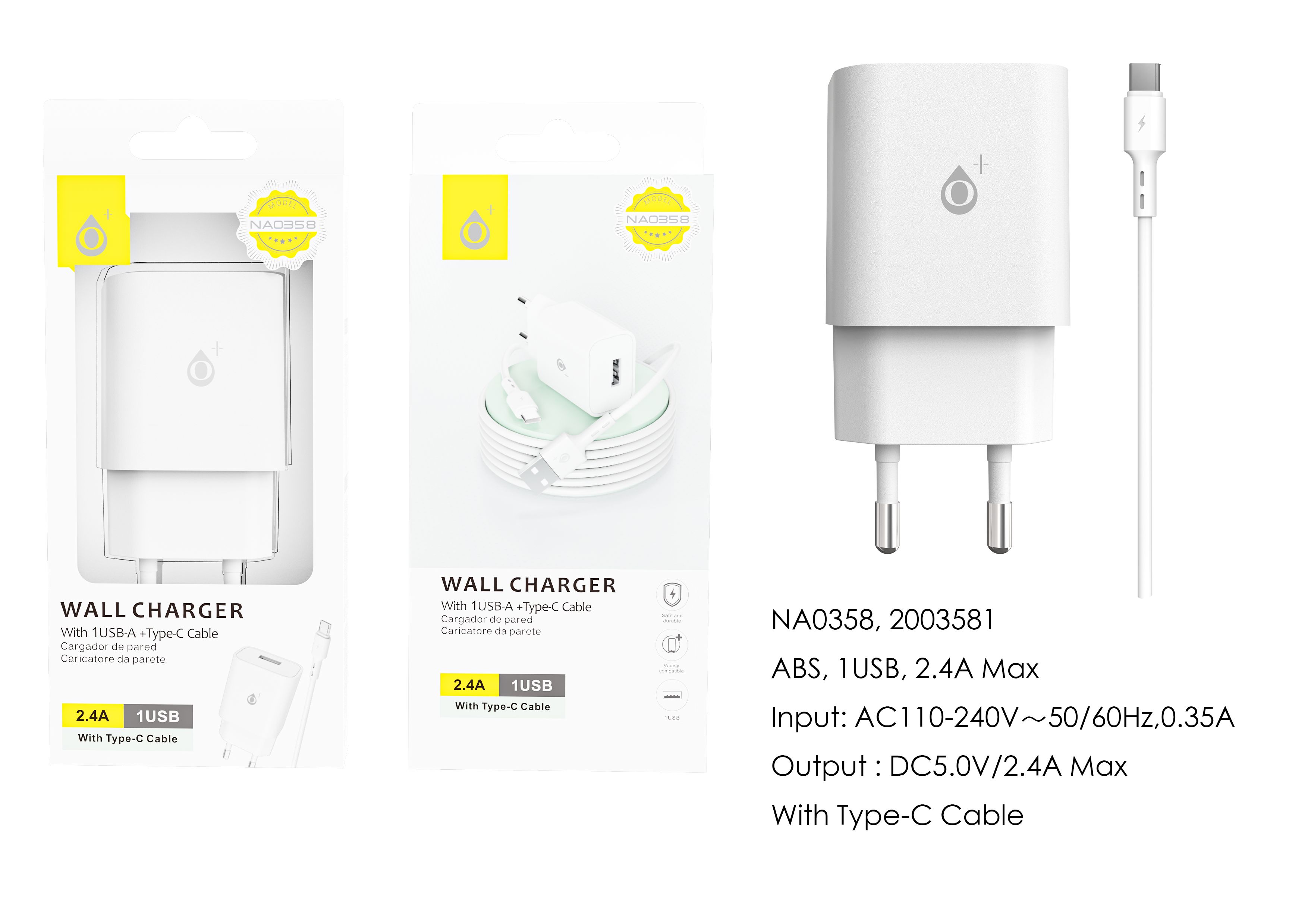 image principale pour Embout Secteur USB avec Câble Type C-2,4A-NA0358- blanc