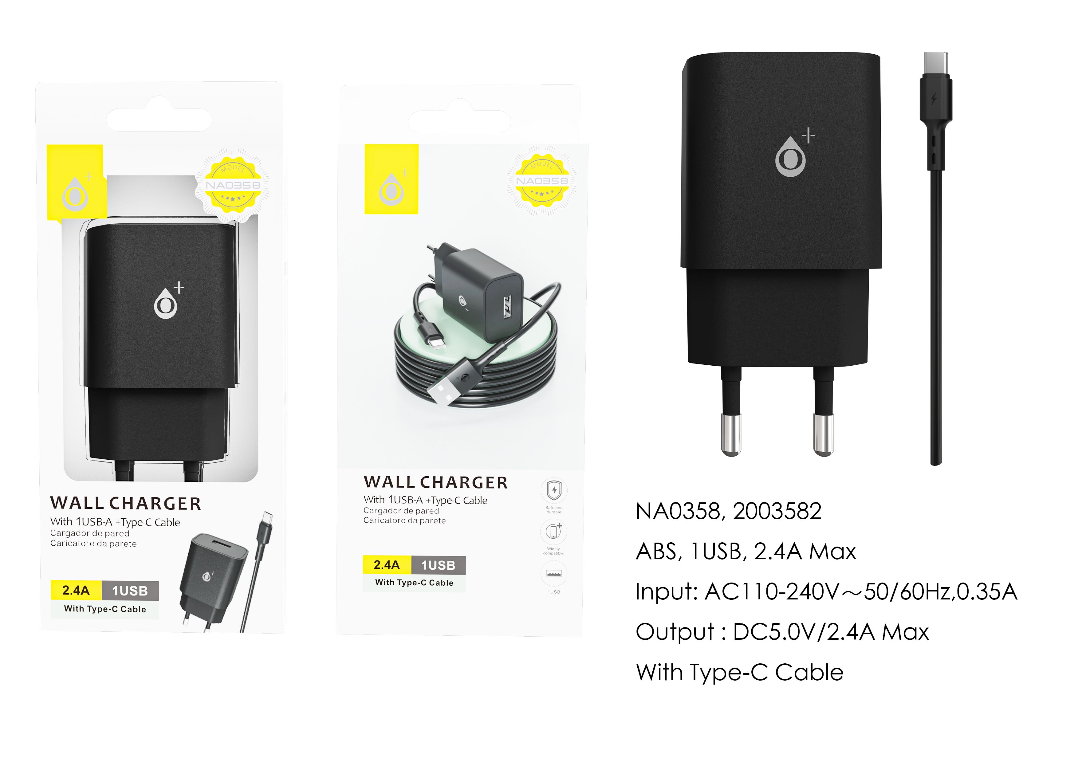 image principale pour Embout Secteur USB avec Câble Type C-2,4A-NA0358- Noir