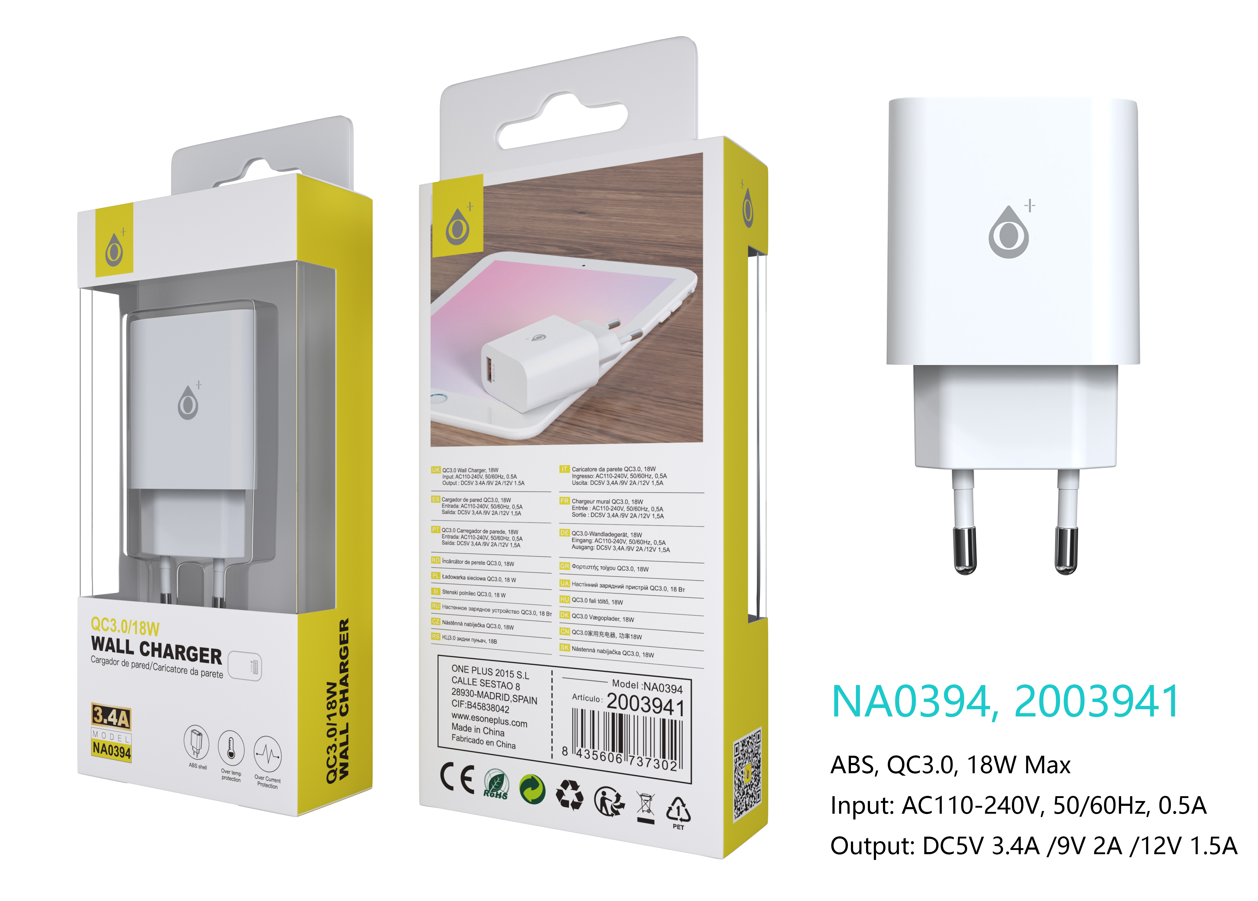 image principale pour Embout Secteur USB Charge Rapide - 3.4A/ 18W- NA0394-Blanc