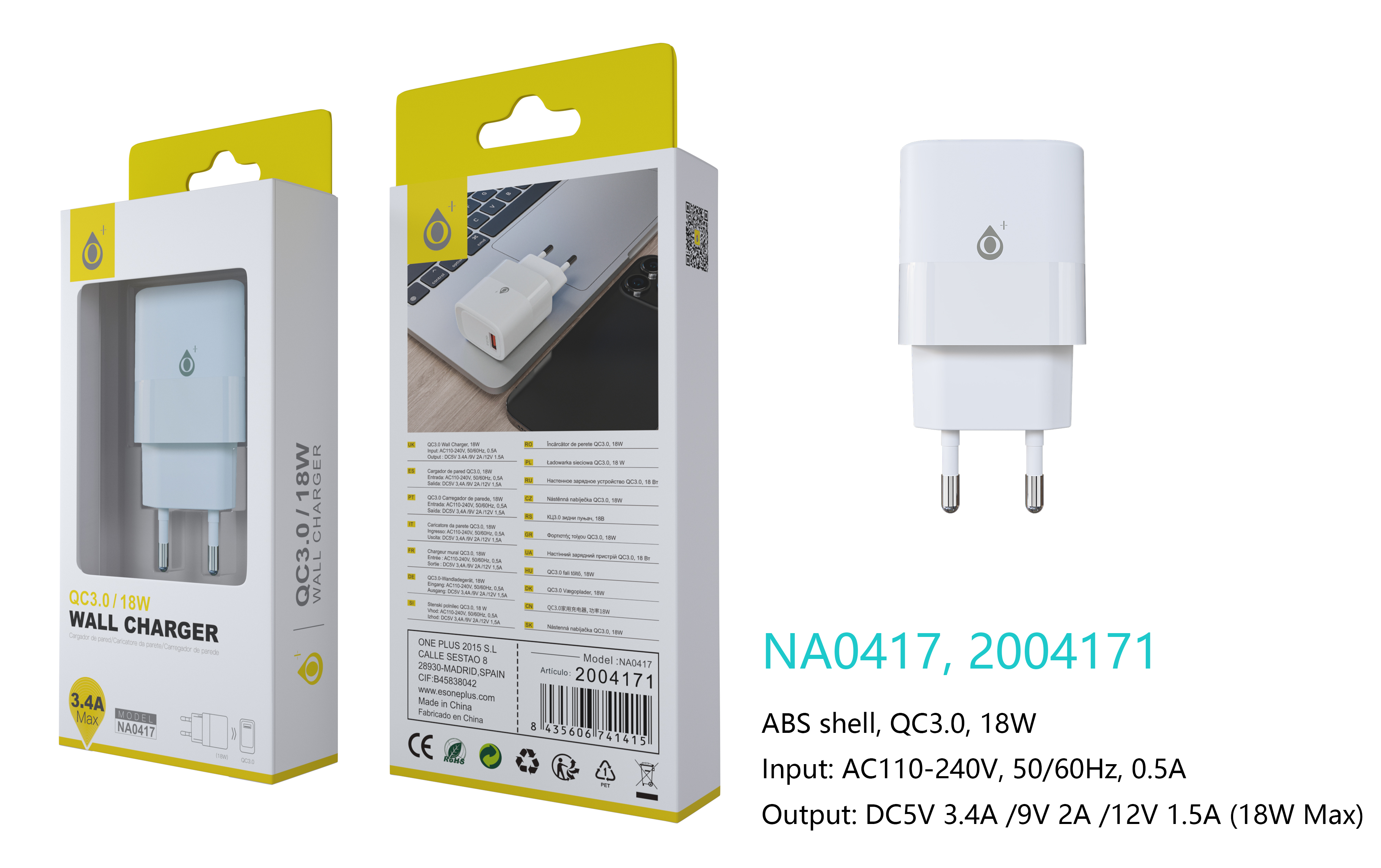 image principale pour Embout Secteur USB Charge Rapide - 3.4A/ 18W- NA0417-Blanc