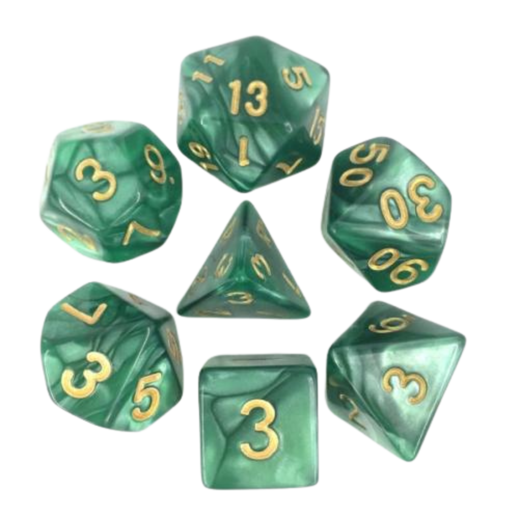 image principale pour HDP-14 lot de 7 Dés en boîte – 16mm- Vert nacré et or