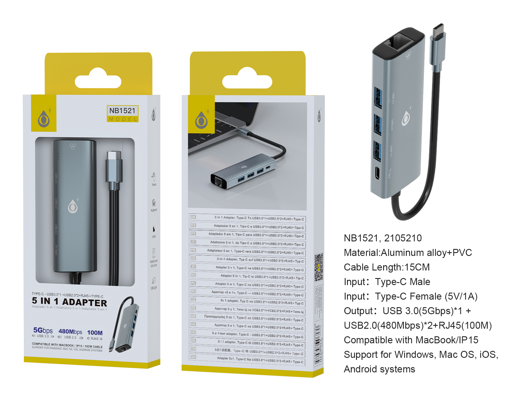 image principale pour HUB Type C 5 ports NB1521compatible avec MacBook/IP15 - Gris
