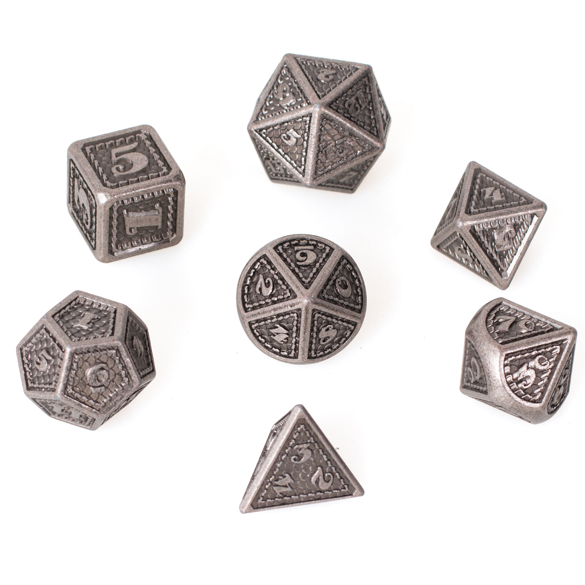 thumbnail secondaire #3 pour Lot 7 dés métal 16mm (boite métal) - Dragon Scale Silver