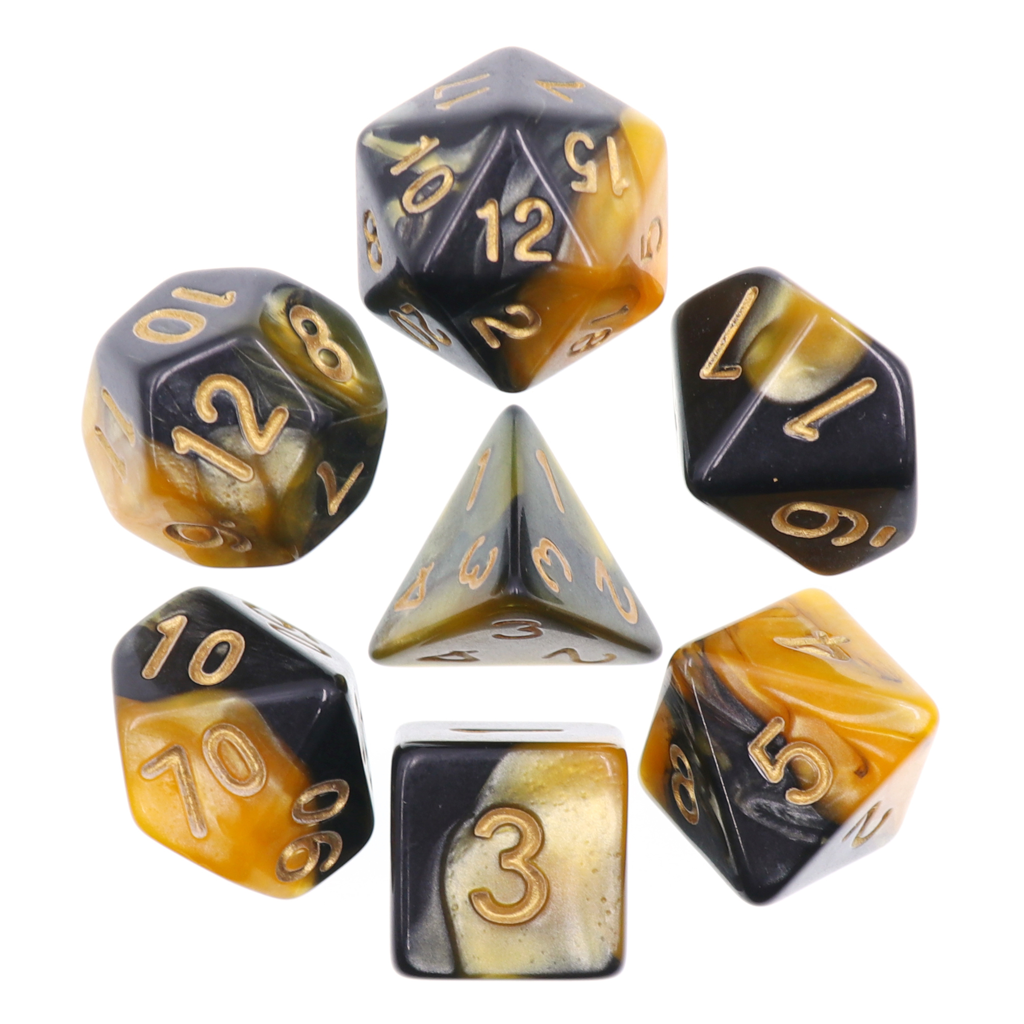 thumbnail secondaire #3 pour Lot de 7 Dés multiformat avec boîte– Noir et Jaune mélange de couleurs