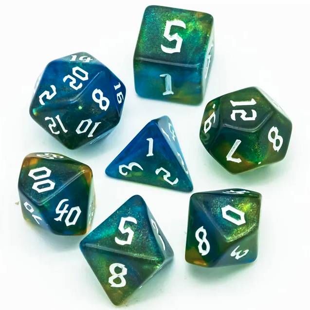 image principale pour Lot de 7 Dés Resine en boîte - Vert et Bleu Paillettes