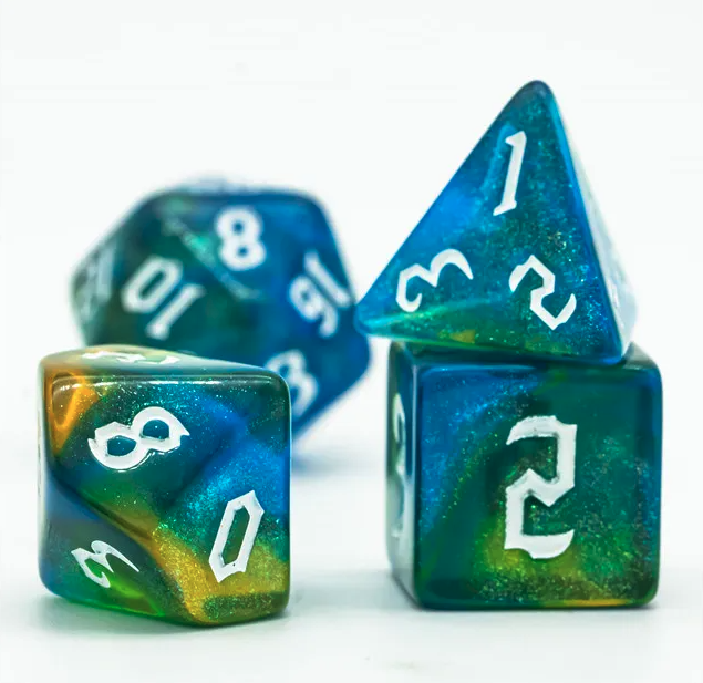 thumbnail secondaire #3 pour Lot de 7 Dés Resine en boîte - Vert et Bleu Paillettes