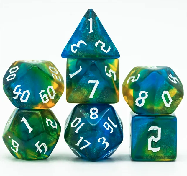 thumbnail secondaire #4 pour Lot de 7 Dés Resine en boîte - Vert et Bleu Paillettes