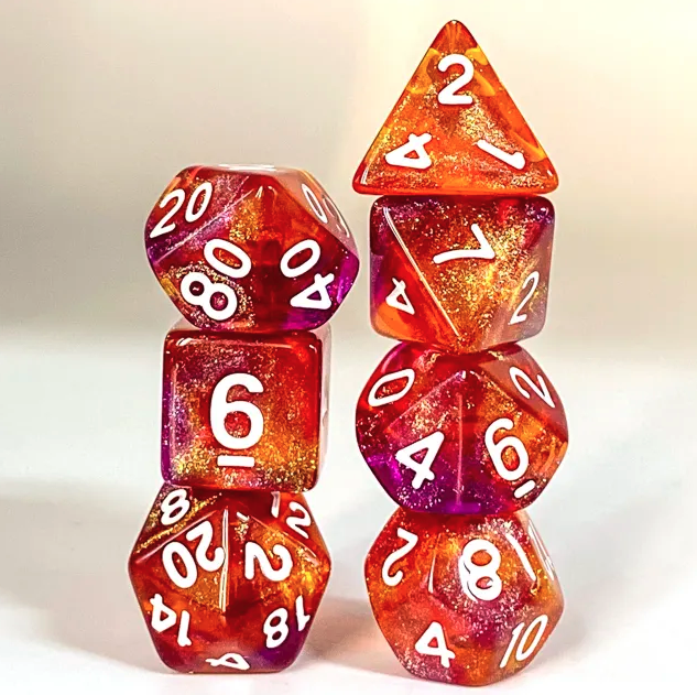 thumbnail secondaire #3 pour Lot de 7 Dés Resine en boîte - Violet et Orange Paillettes
